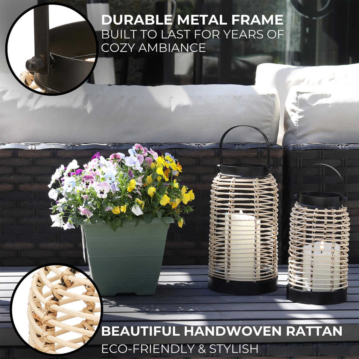 Natural Rattan Boho Lanterns - Handcrafted Chic Decor to Enhance Your Home - Modern Farmhouse Beauty Perfect for Any Living Room, Patio & Porch, Indoor and Outdoor Coffee Table or Kitchen Dining Table