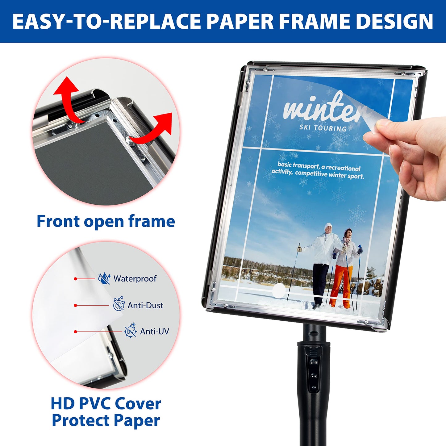 VAIIGO 6Packs 8.5x11 Inch Adjustable Pedestal Poster Sign Stand, Heavy Duty Floor Standing Sign Holder Stand Aluminum Snap Open Frame for Vertical and Horizontal View Sign Displayed(Black)