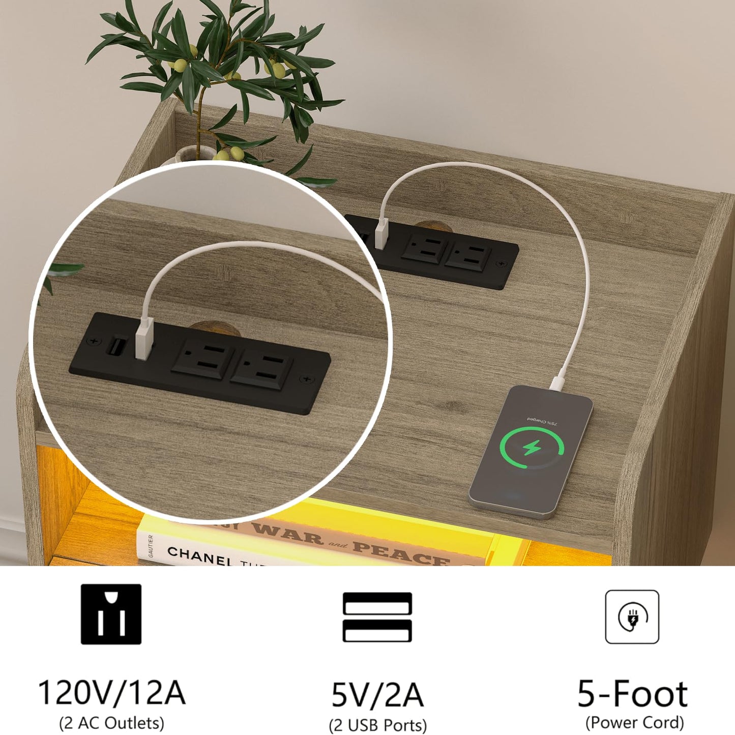Veegle White Floating Nightstand with Charging Station and LED Lights (Grey)