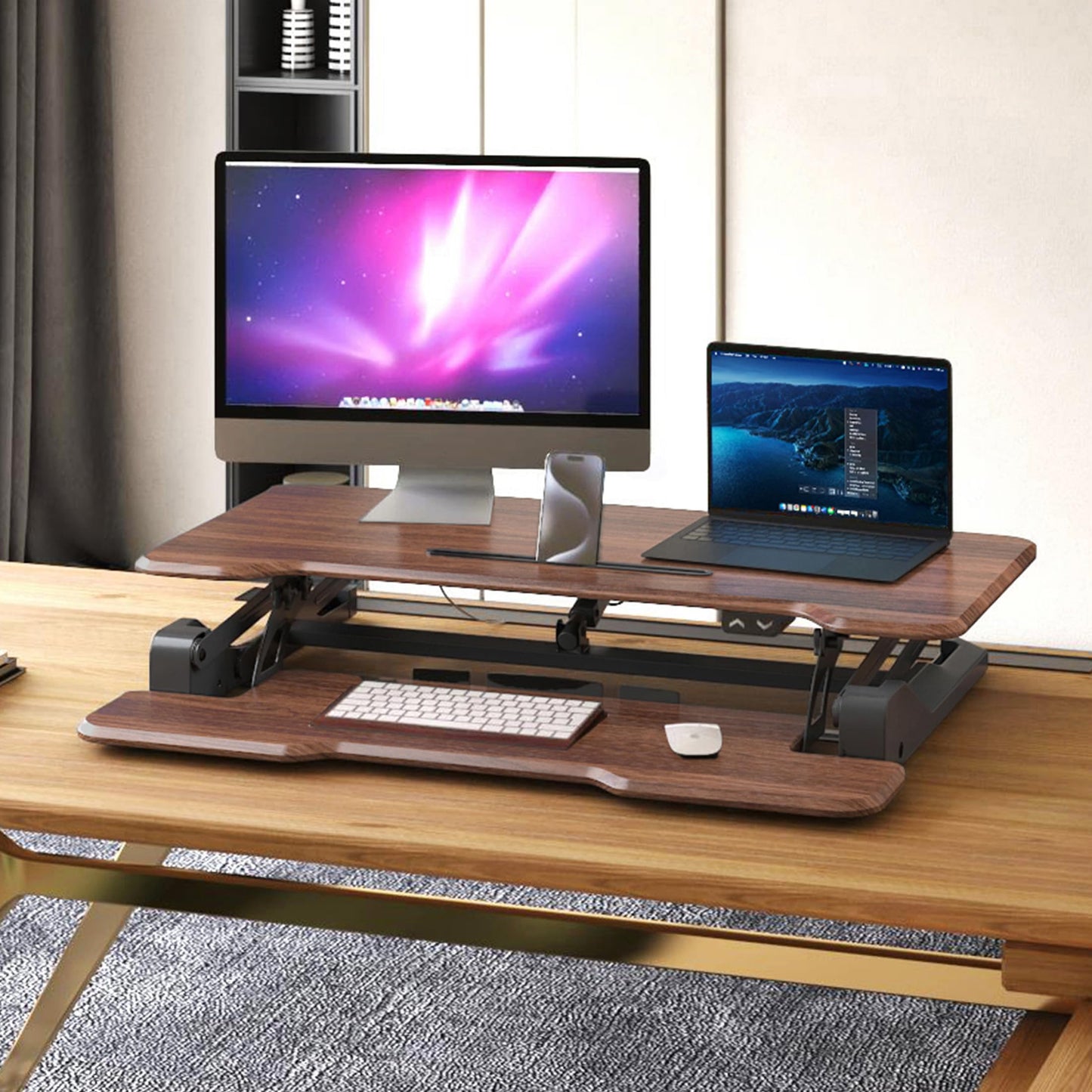 Mount-It! Electric Standing Desk Converter with 38" Tabletop, Height Adjustable Desk Riser, Motorized Desk Riser with Keyboard Tray and Device Slot, Fits Monitor & Laptop, Dark Walnut