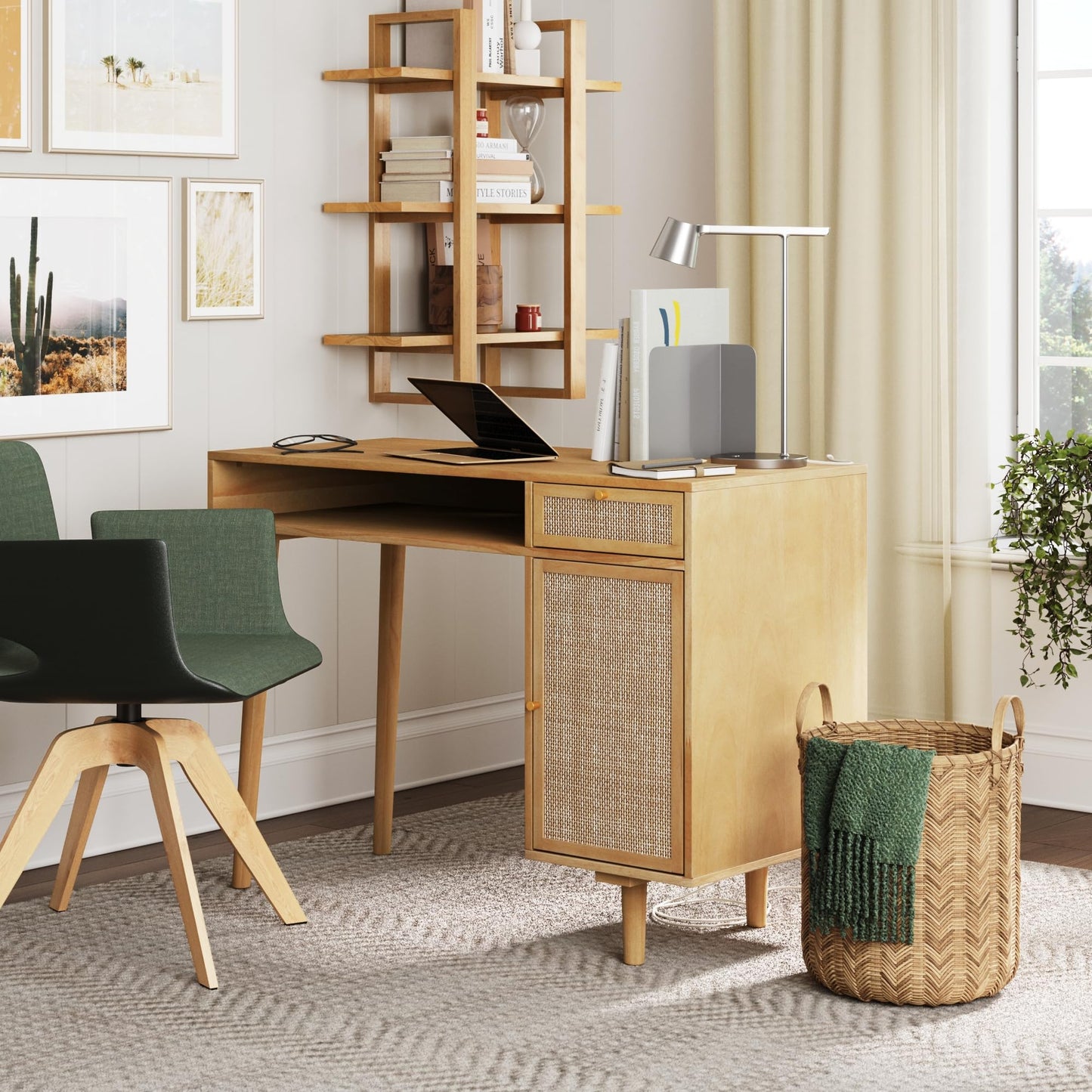 Nathan James Aaron Desk Wall Unit, Desk and Bookshelf Set, Boho Desk and Wall Mount Bookcase Set with Rattan Webbing, Warm Pine