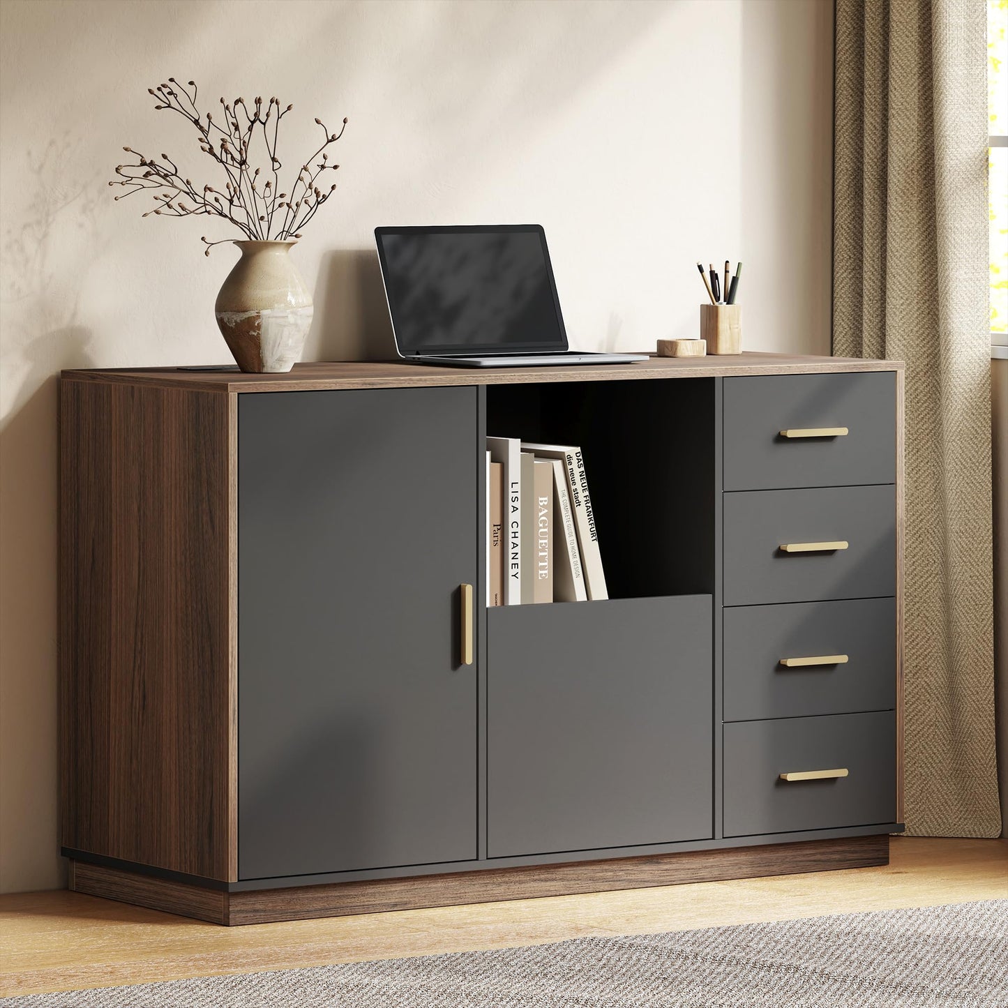 ModernMate File Cabinet with 5 Drawer & Charging Station, 47.2" Office Storage Cabinet with Door & Adjustable Shelves, Printer Stand with Open Shelf for Home Office, Fits A4/Letter Size, Black Walnut