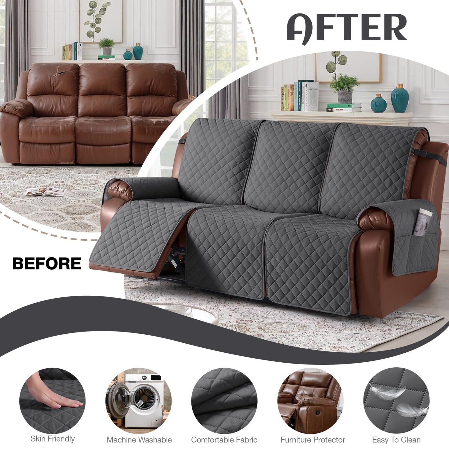 KinCam Waterproof Recliner Sofa Cover, Non-Slip Reclining Couch Covers for 3 Seat, Recliner Couch Cover Furniture Protector with Elastic Straps for Pets, Kids, Charcoal Gray