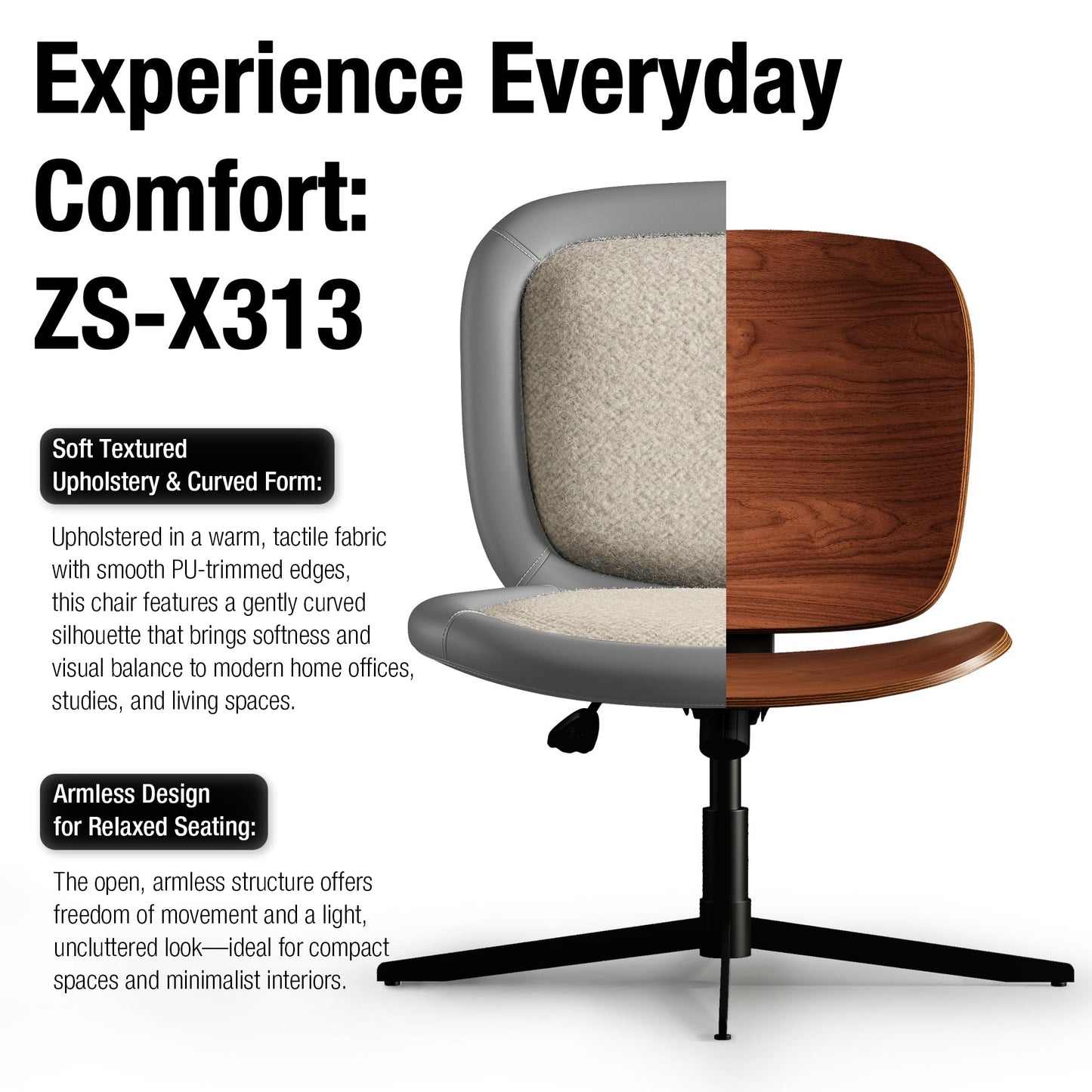 zavxzren Nordic Armless Ergonomic Office Chair with Wheels, Diamond Tufted PU Leather Computer Chair, Adjustable Height Desk Chair with Solid Wood Back for Small Home Office (No Wheels-Beige)