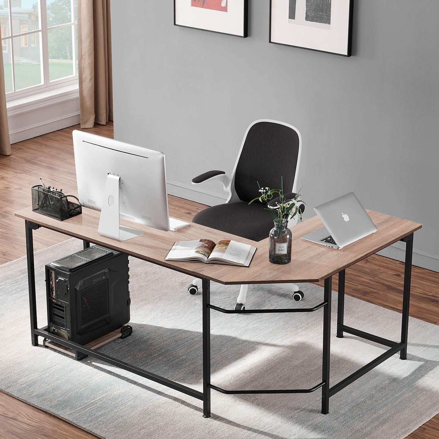 VECELO Corner Desk,Office Tables for Living Room for Small Space Triangle Computer Desk with Steel Frame Corner Shelves with Metal Frame Writing Desk for Workstation Classic White 66"