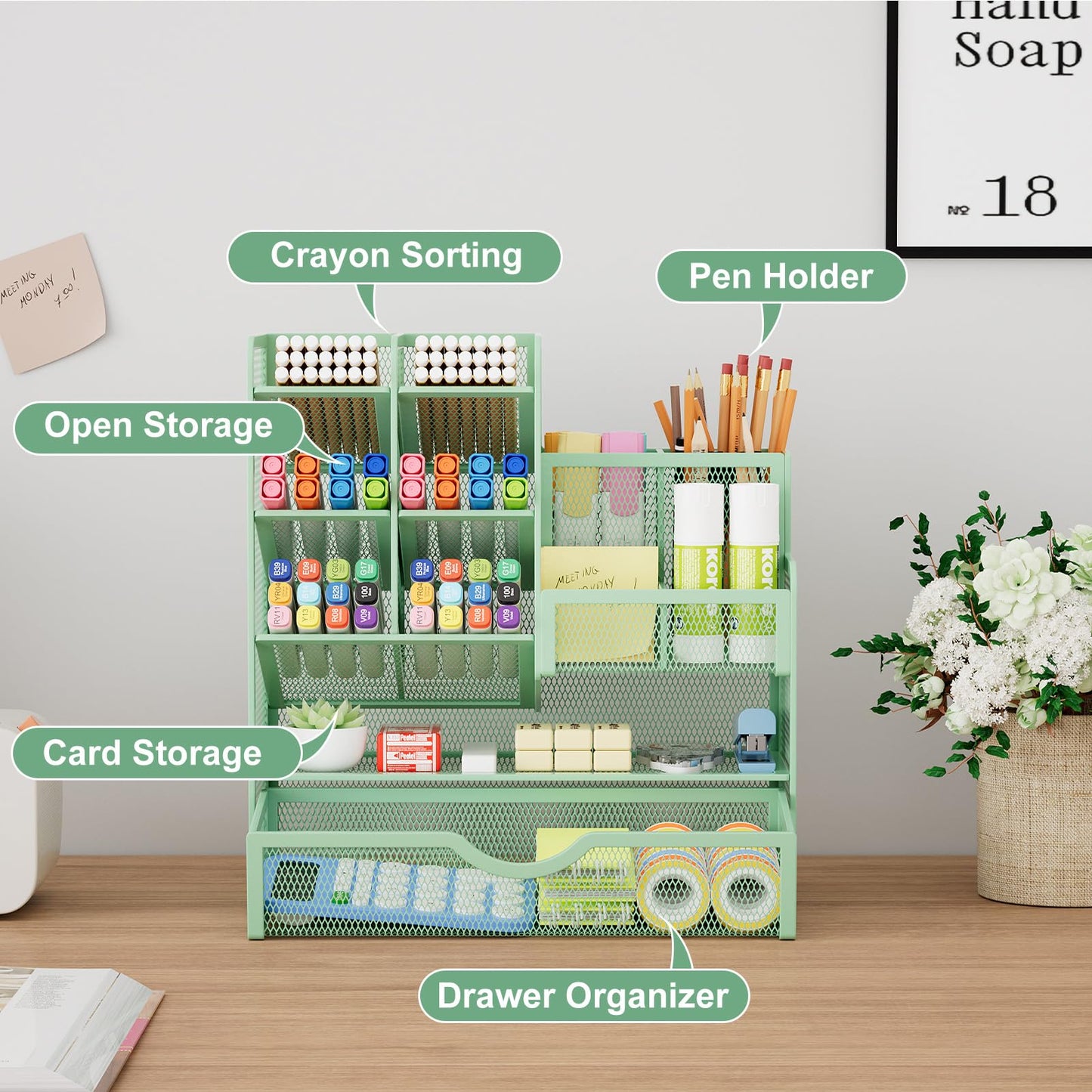 Marbrasse Mesh Pen Holder for Desk, Multi-Functional Pencil Organizer with Drawer, Desk Organizers and Accessories for Office Art Supplies (Green)
