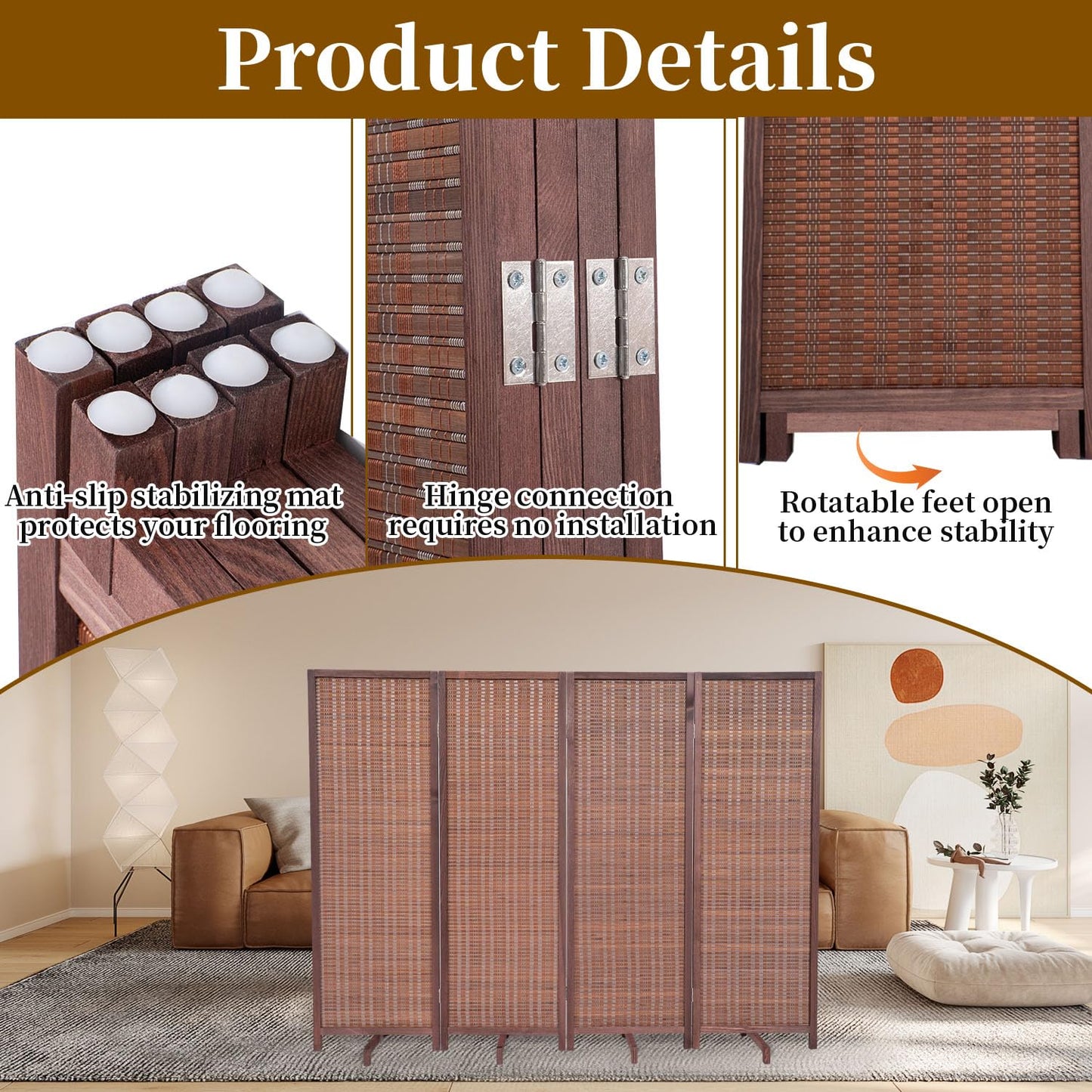 Short Bamboo Room Divider Panel with 360°Rotating Feet,4 Panel 47" H Folding Privacy Screen for Room Separator, Handcrafted Room Partition,Portable Wall Divider,Brown, 47.24" H x 63" W