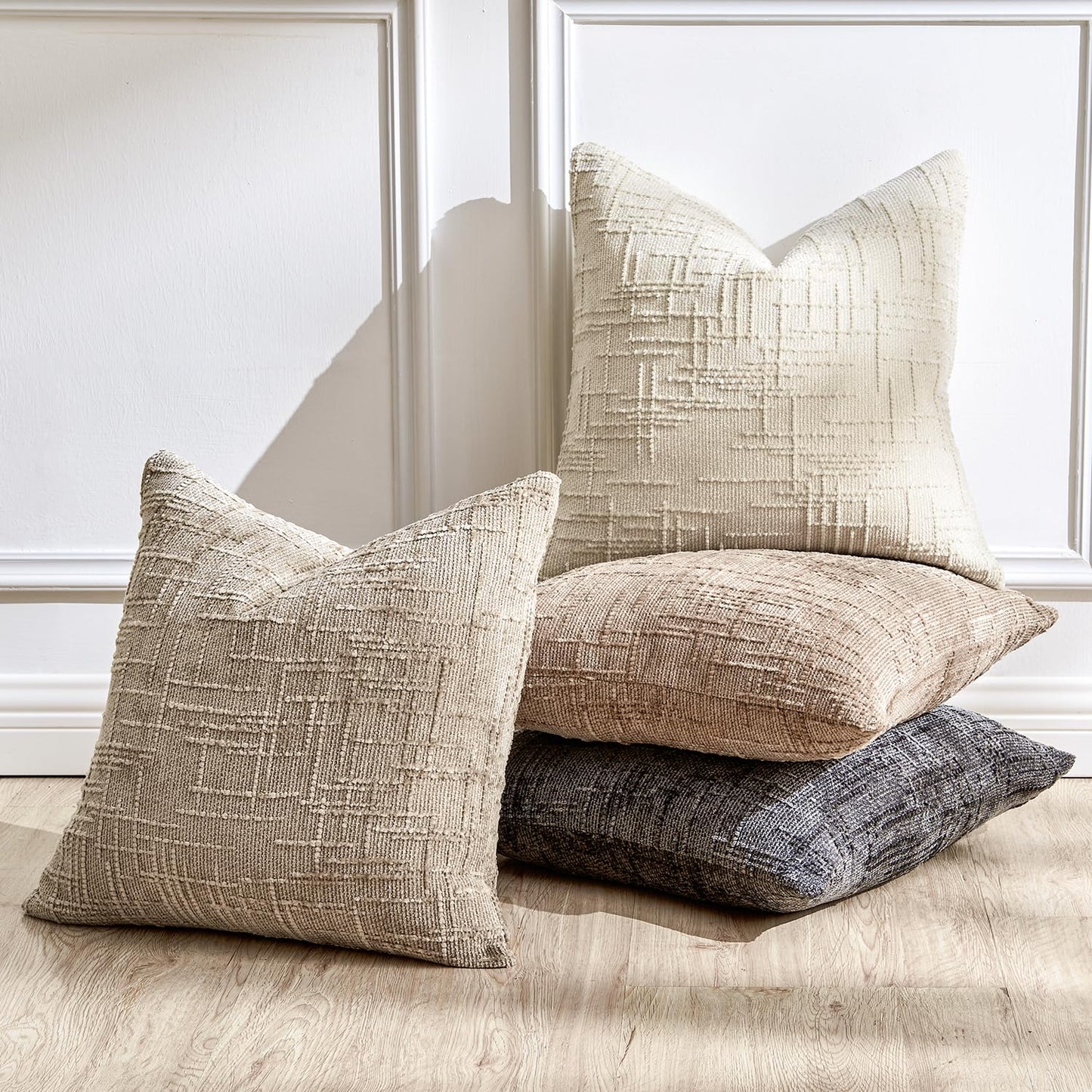 GriNeed Throw Pillow Covers Neutral Set of 4 18x18 Inch Pillow Covers, Soft Chenille White Khaki Beige Dark Grey Pillowcases for Couch Sofa Bed Living Room, Home Boho Decor, Farmhouse Cushion Covers