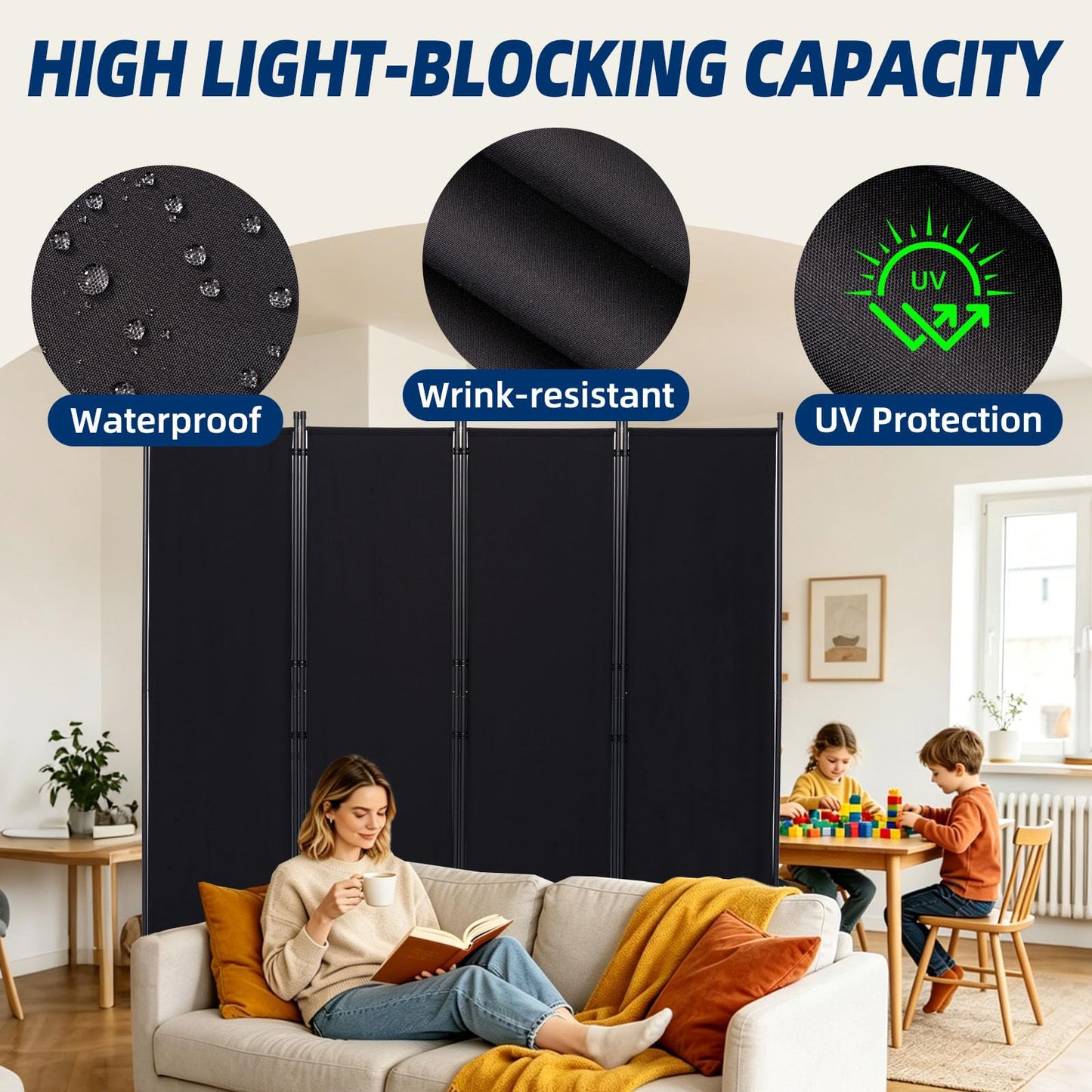 Room Divider and Folding Privacy Screens, Wide Room Divider Wall Screen for Room Separtition, Partition Room Dividers Fabric Panel Wall Dividers Freestanding for Office (Black, 4 Panel-88'' Wide)