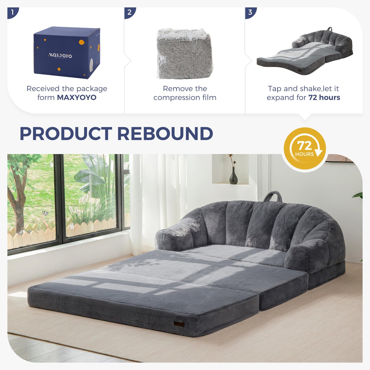 MAXYOYO Folding Sofa Bed, 2 in 1 Convertible Sofa to Lounger Comfy Loveseat Bean Bag Chair for Adults, Floor Couch with Handle, Faux Fur Couch Bed for Living Room Bedroom, Grey, Loveseat