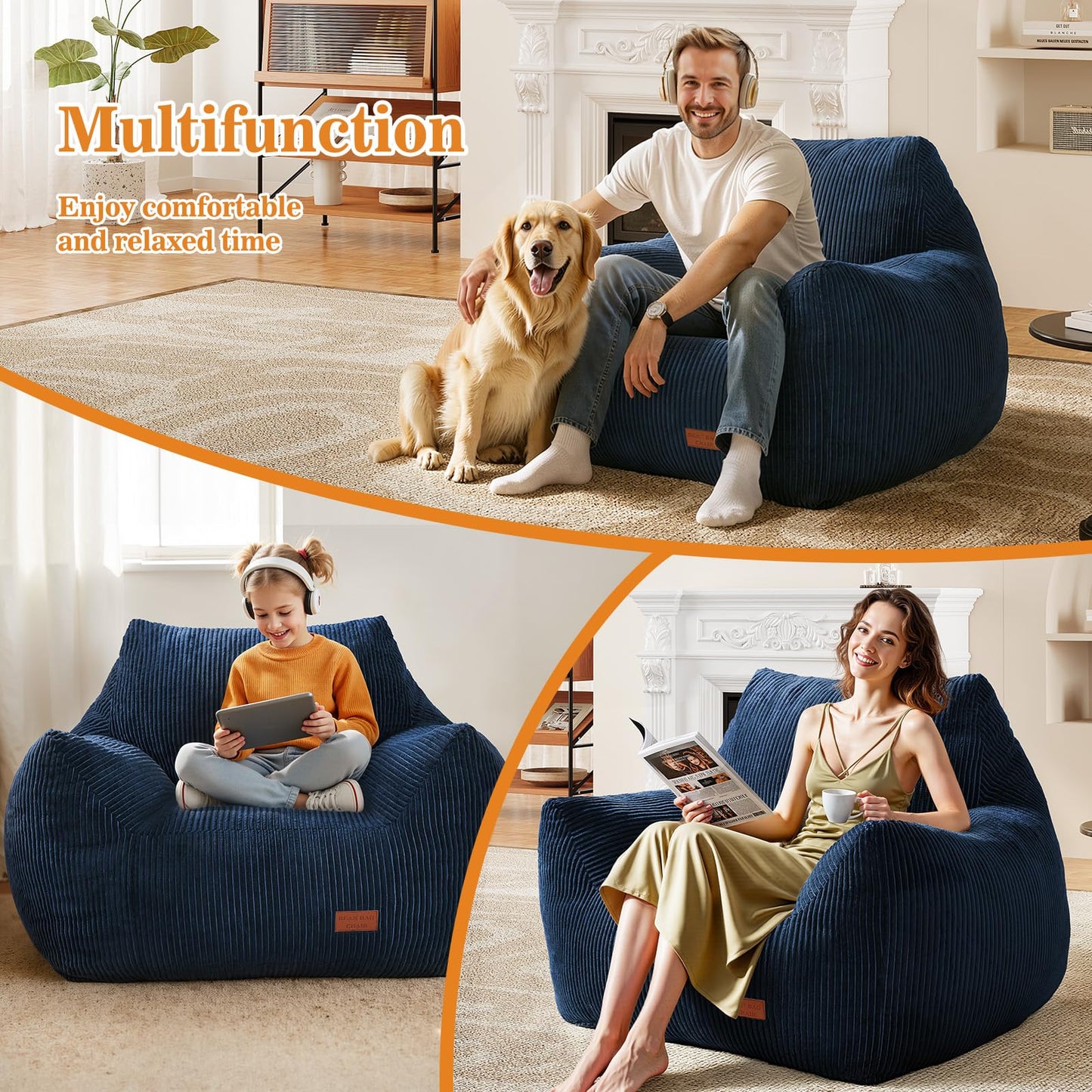 Vellorise Big Bean Bag Chair for Adults, Ultra Soft Living Room Bean Bag with Armrests, Stuffed BeanBag Chair for Napping, Gaming, Vacuum-Compressed for Easy Gifting, 48 Hours to Fluffs Up, Navy Blue