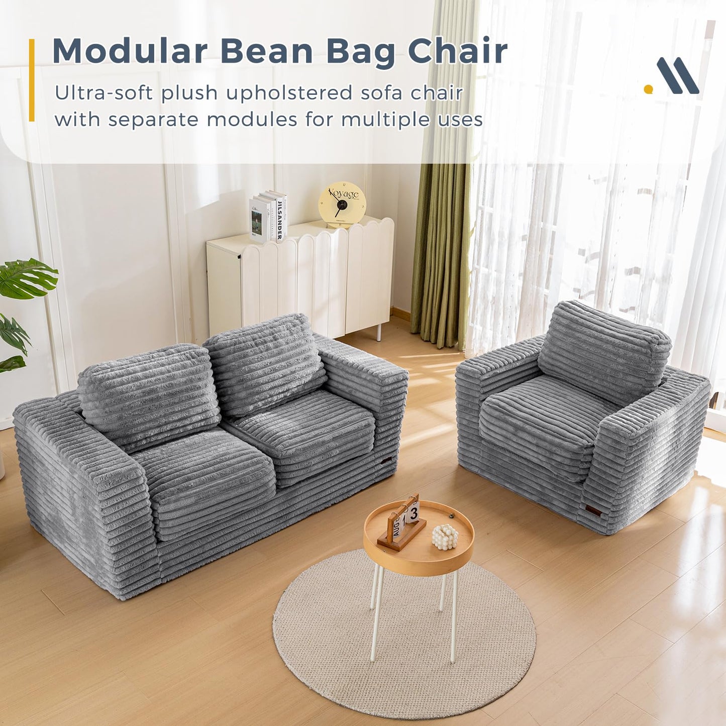 MAXYOYO Giant Bean Bag Chair for Adults, Upholstered Loveseat Floor Sofa with Pillows and Armrests, Large Bean Bag Sofa Plush Chair Bean Bag Couch for Bedroom Living Room, Grey
