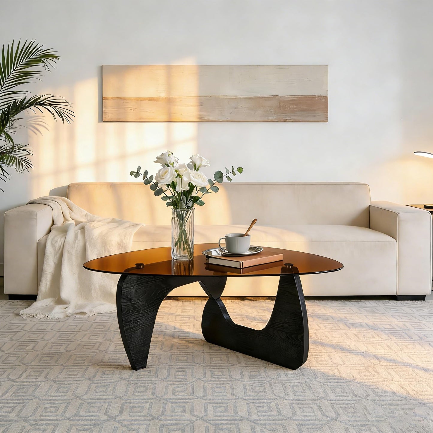 Small Coffee Table, Mid Century Modern Black Coffee Table for Living Room, Abstract Center Tables with Brown Tempered Glass Top, Minimalist Tea Cocktail Tables, Easy Assembly