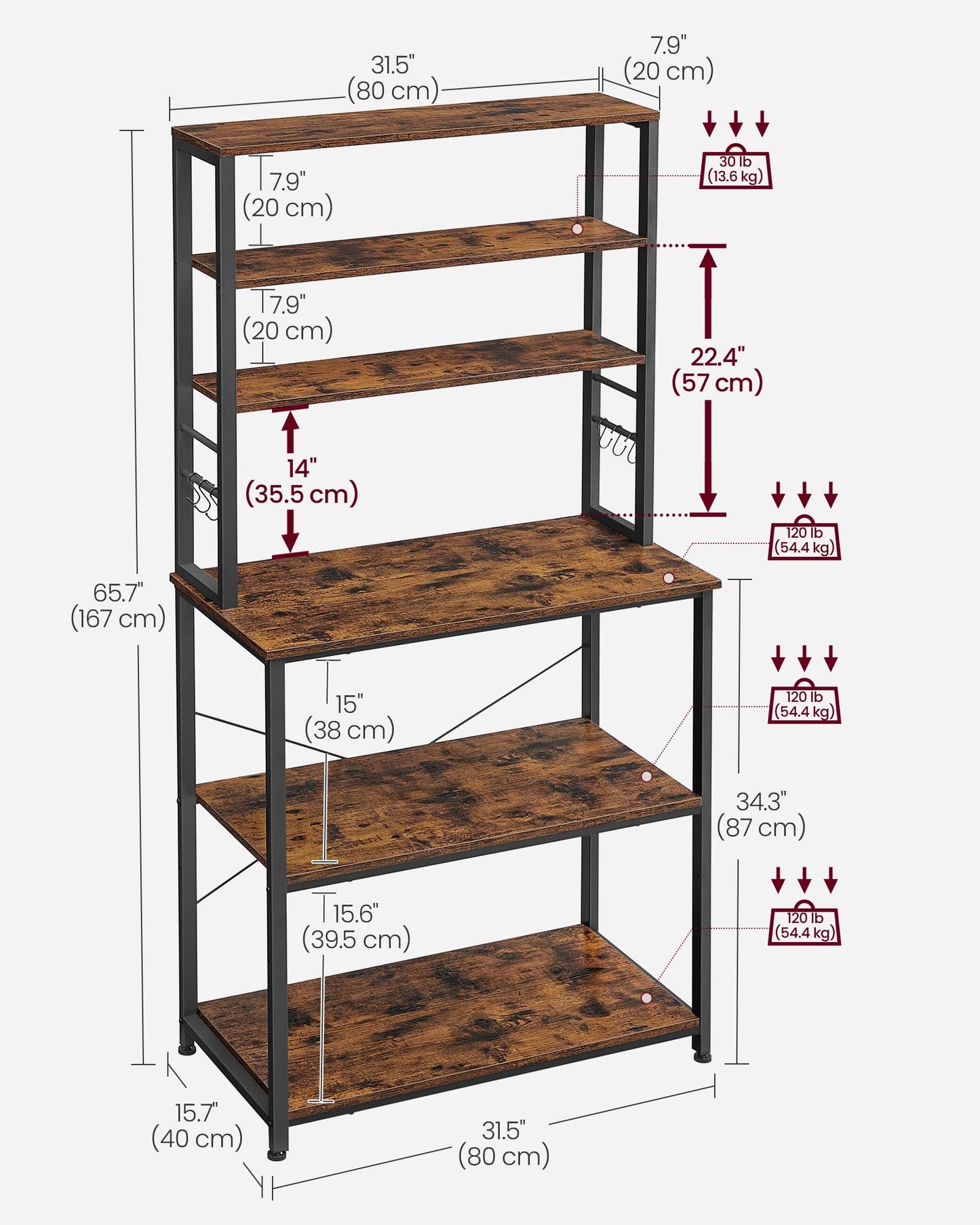 VASAGLE Coffee Bar, 31.5 Inches Baker's Rack for Kitchen with Storage, 6-Tier Kitchen Shelves with 6 Hooks, Microwave Stand, Industrial, Rustic Brown and Ink Black UKKS019B01