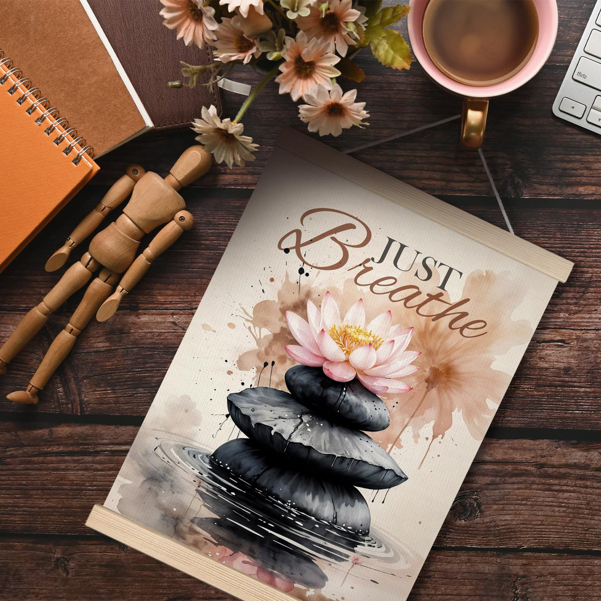 FITIE Just Breathe Zen Lotus Flower Canvas Wall Art Poster Hanger Frames, Motivational Zen Spiritual Wall Decor Prints for Bedroom Meditation Yoga Spa Room Calming Corner, 12x16 Inch