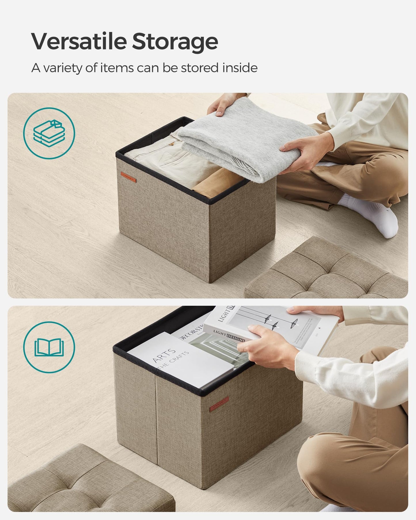 SONGMICS MAZIE Collection - Small Folding Storage Ottoman, Foot Rest Stool, 12.2 x 16.1 x 12.2 Inches, 286 lb Load Capacity, for Living Room, Bedroom, Home Office, Dorm, Light Taupe ULSF102K01