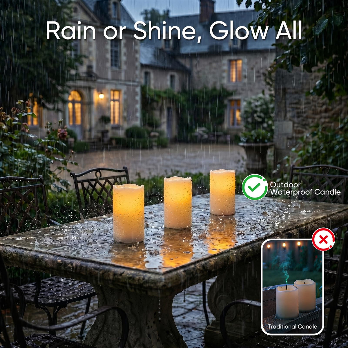 Raycare Outdoor Waterproof Flameless Candles-Auto Light Sensor Dusk to Dawn, Flickering LED Candle, Battery Operated Electric Fake Pillar Candle for Garden, Porch, Patio Decor, (D3 xH4 5" 6" 6" 6")