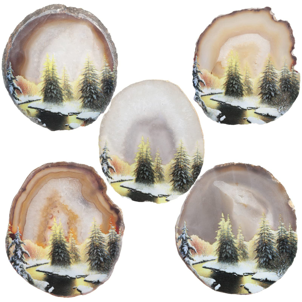 SUNYIK Natural Geode Agate Slice Display with Wooden Stand, Irregular Agate Slab Tabletop Desktop for Office Home Decor, Landscape-2