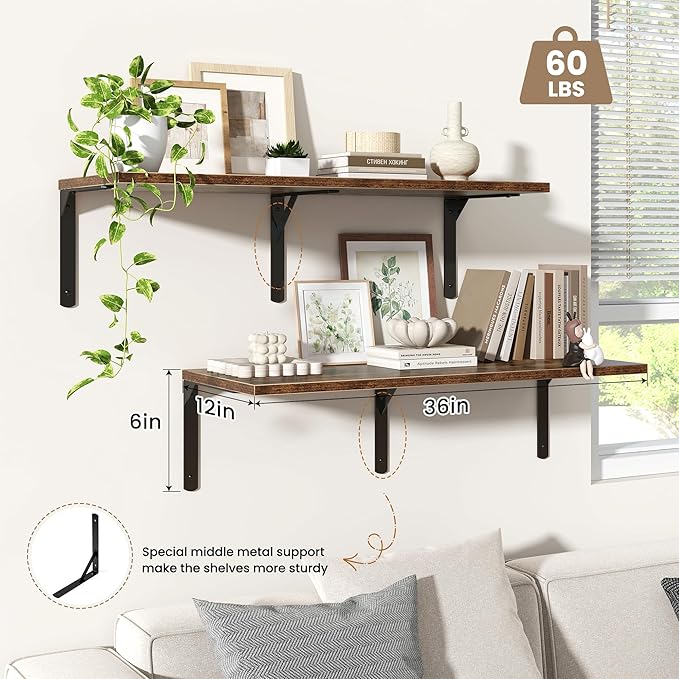 Fun Memories Rustic Brown 12 Inch Deep Floating Shelves Set of 2, Wall Mounted