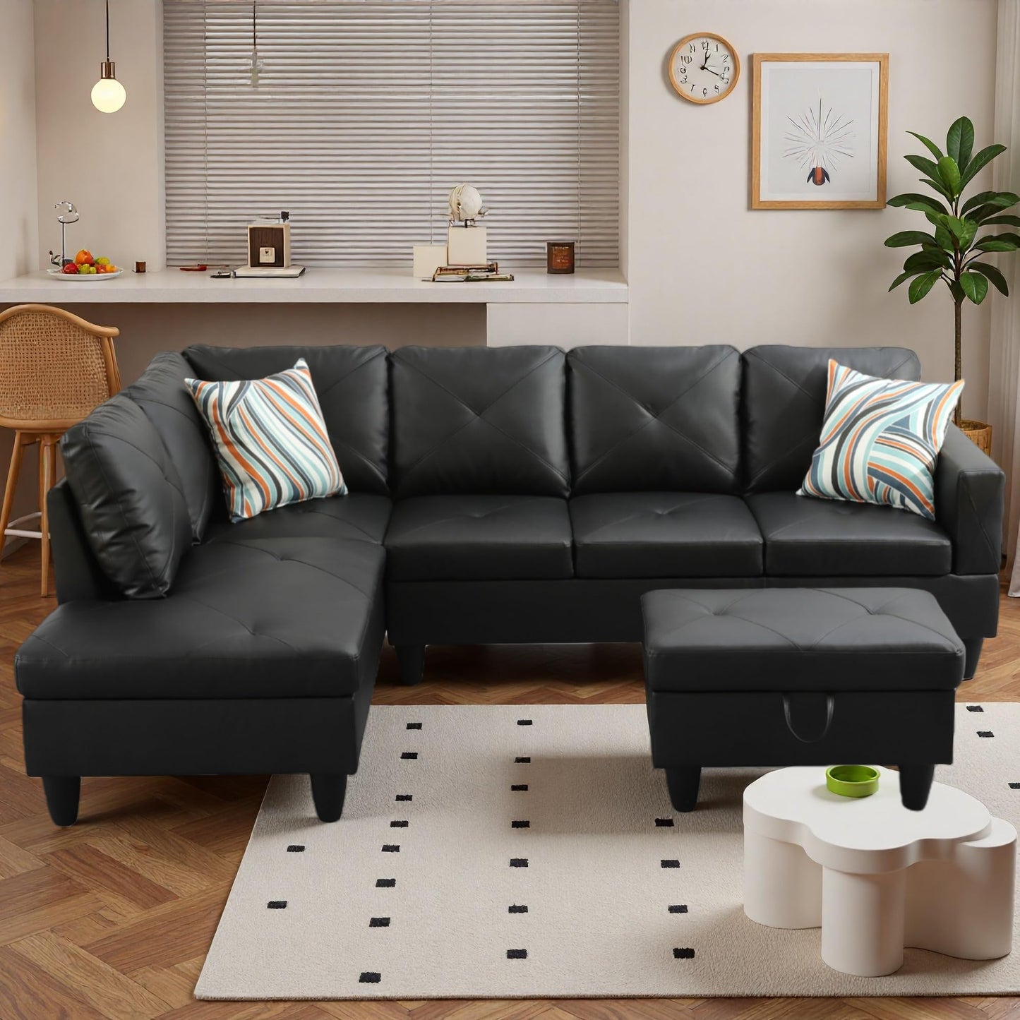 Trygoal 97" Leather 4-Seat L-Shaped Sectional Sofa with Movable Chaise & Storage Ottoman - 3-Piece Modular Convertible Couch for Living Room, Bedroom, Apartment & Office, Gloss Black