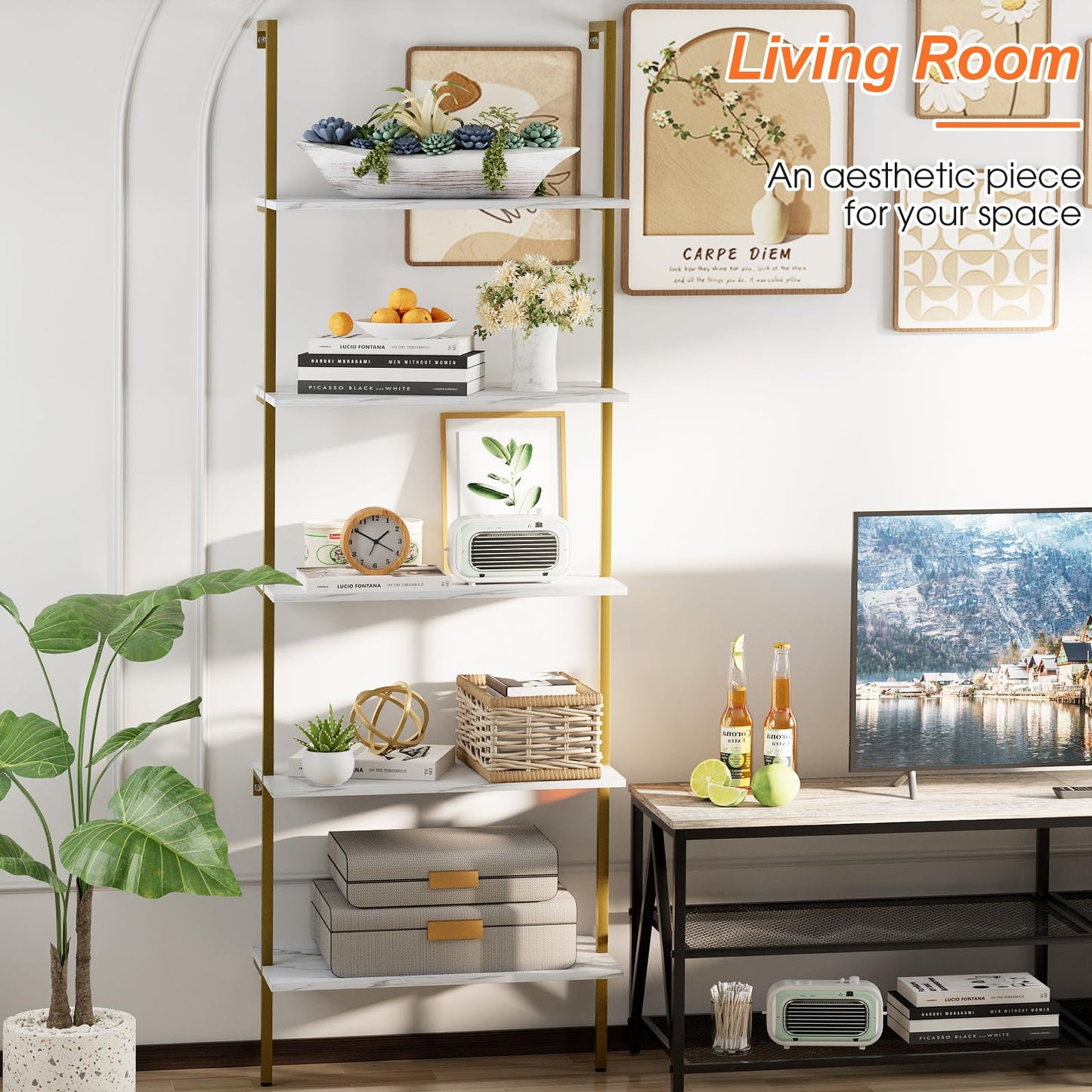 Wolawu 5 Tiers Ladder Shelf White Marble Modern Bookshelf Open Tall Wall Mount Bookcase Standing Leaning Wall Shelves Industrial Decorative
