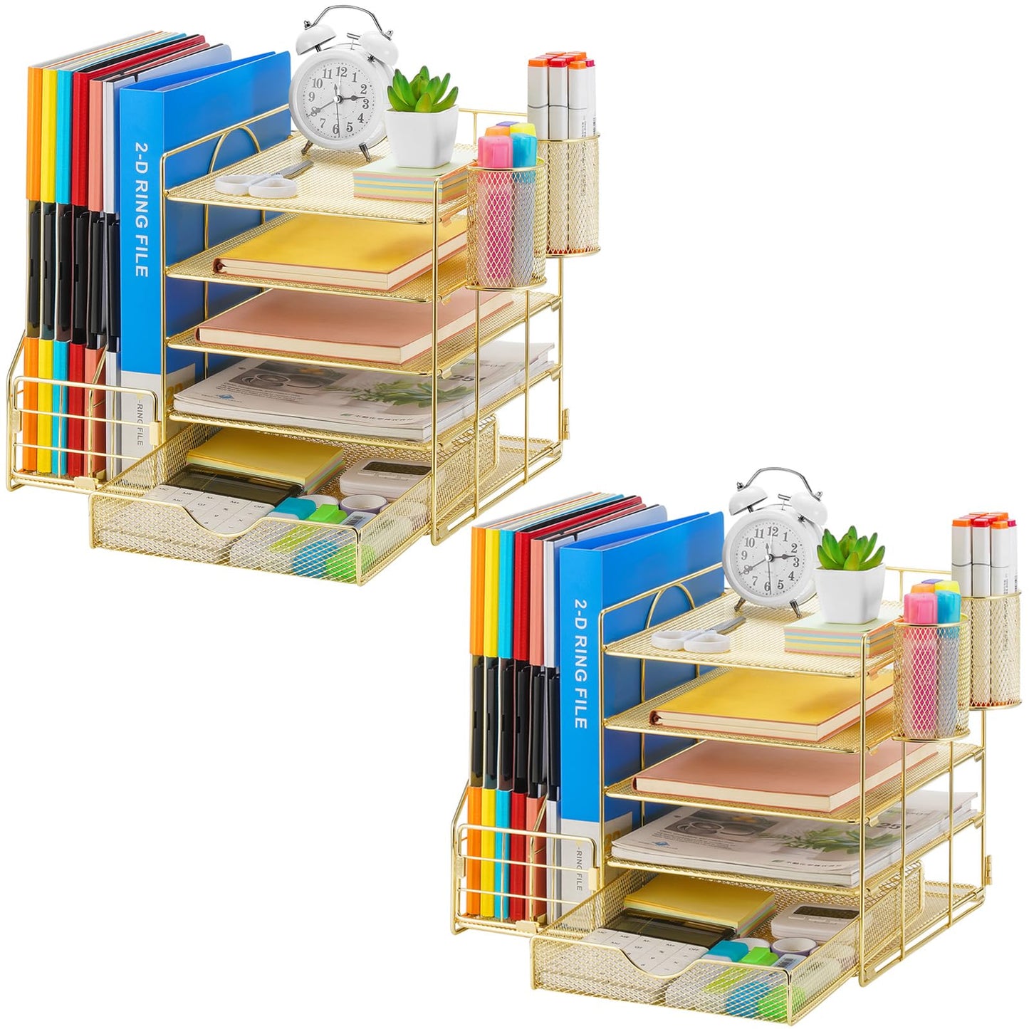 Marbrasse Desk Organizer with File Holder, 5-Tier Paper Letter Tray Organizer with Drawer and 2 Pen Holder, Mesh Desktop Organizer and Storage with Magazine Holder for Office Supplies (Gold 2p)