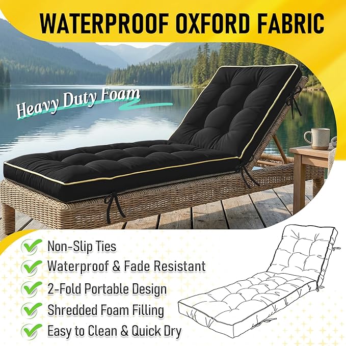 2 Pack 80x26 Inch Folding Chaise Lounge Cushion Quick Dry