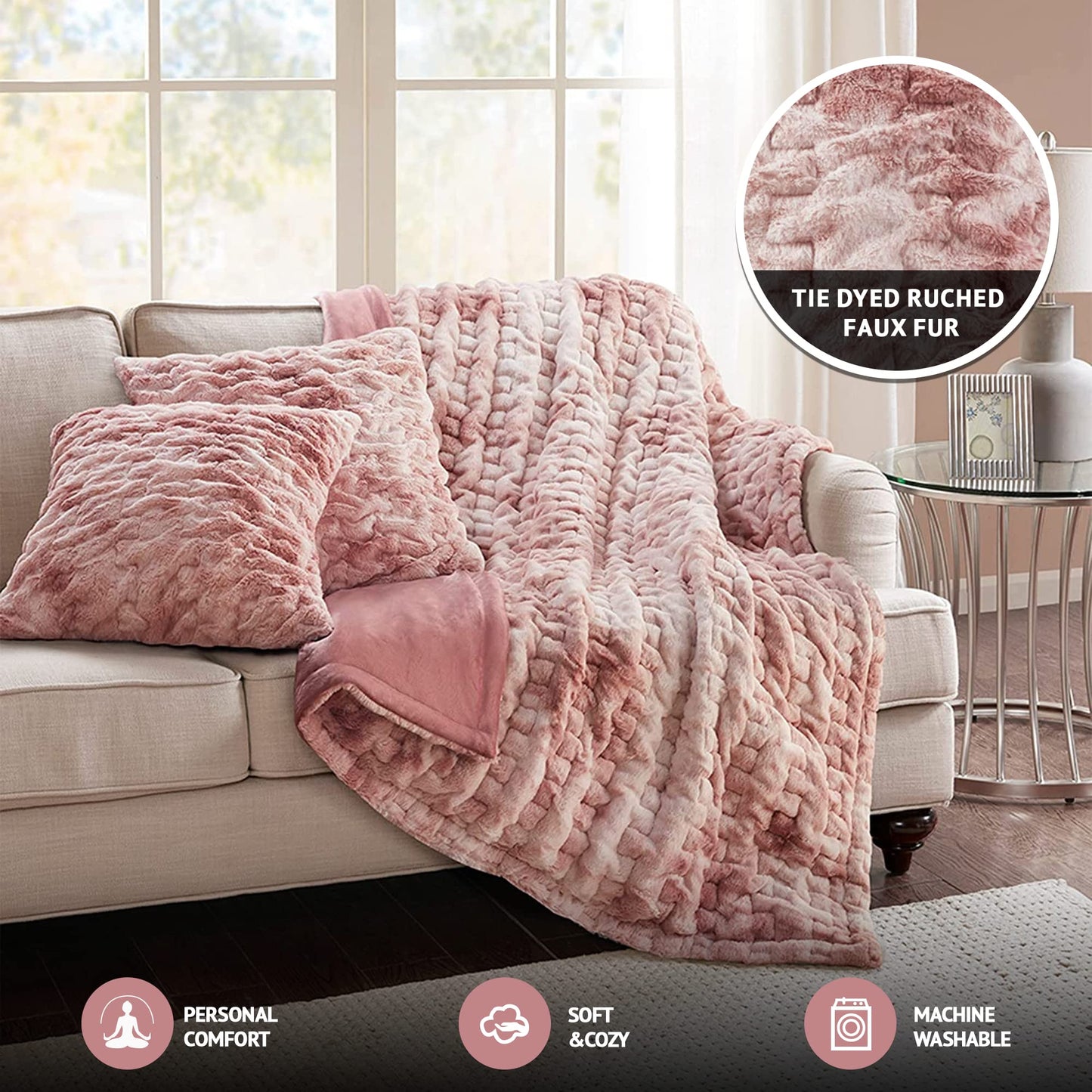 Comfort Spaces Ruched Faux Fur Plush Throw Blanket and Pillow Set with 2 Matching Square Pillow Covers Sofa Throw Blanket for Living Room, Chair, Couch, Home Office Fuzzy Soft Blush Tie Dye 50"x 60"