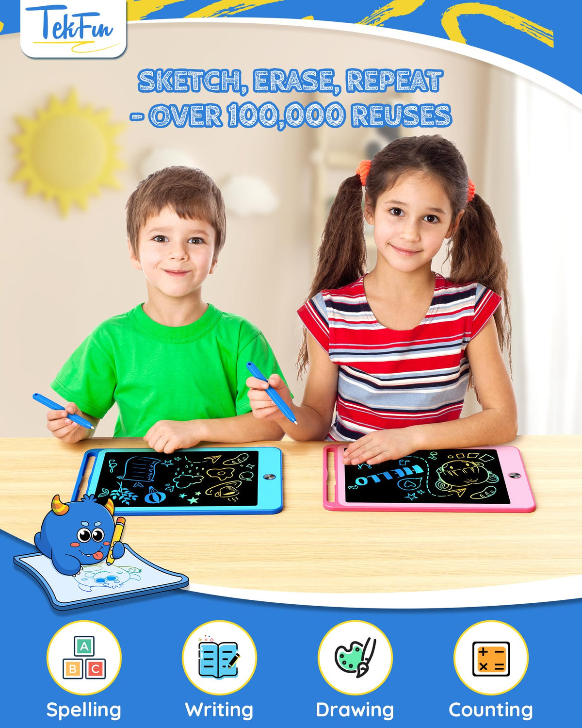 TEKFUN 2 Pack LCD Writing Tablet for Kids, 8.5 Inch Blue+Pink Doodle Board Drawing Board Drawing Tablet with Lanyard, Educational Kids Easter Christmas Toys Birthday Gift for Boys Girls 3-12 Years Old