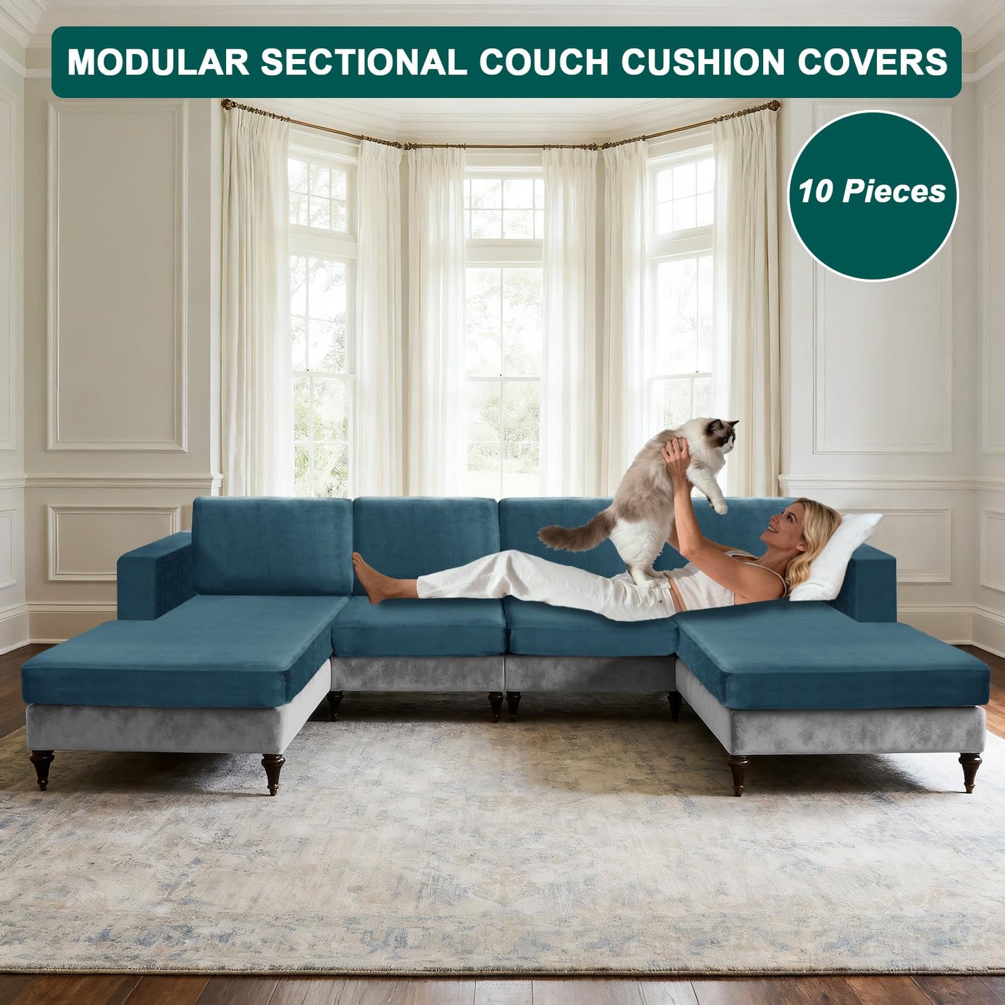 10 Pieces Sofa Cushion Covers for U-Shaped Modular Sectional Couch with 4 Seat+4 Back+2 Arms, Stretch Velvet Upholstered Covers for Sofa Bed with Deep Double Chaise (Blue,Universal (10 Pieces))