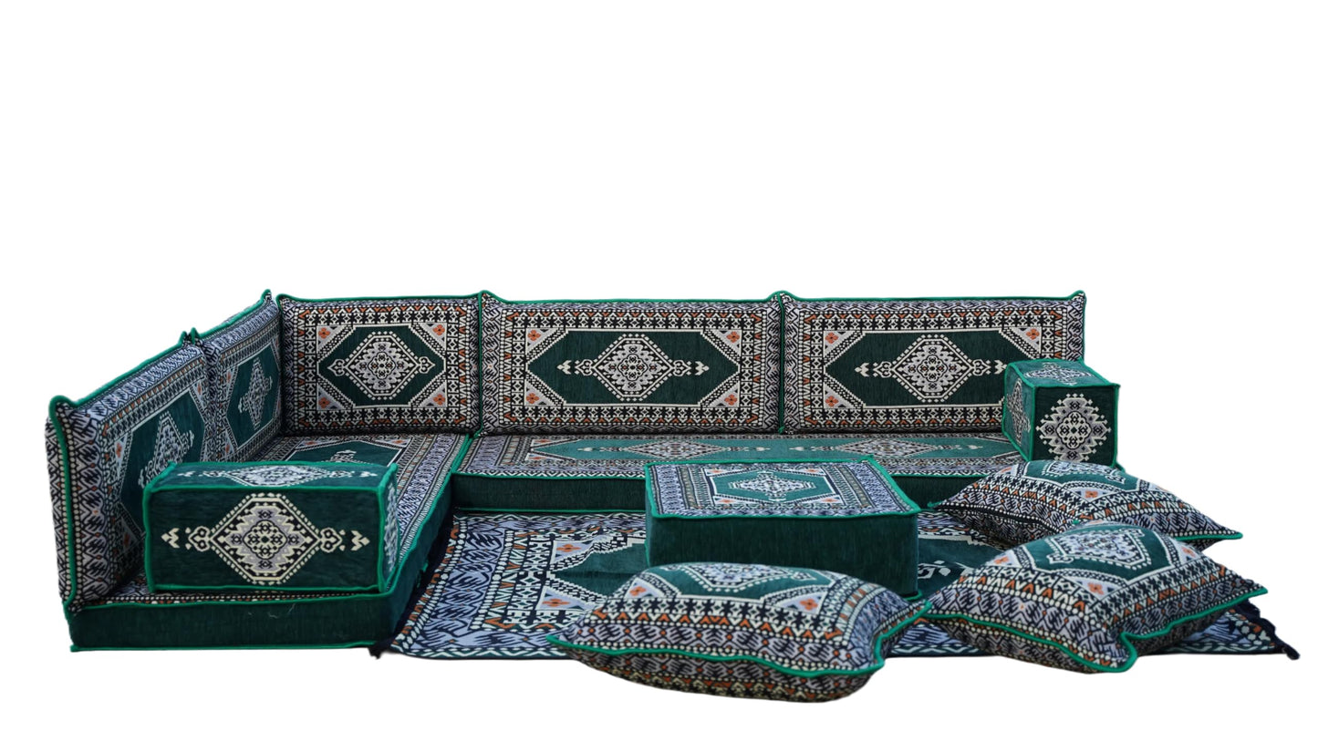 ArabicSofa L Shaped Arabic Floor Cushions, Sectional Sofa, Arabic Majlis Set, Custom Made Sofa, Green, 4'' Thickness, L Sofa Full Set