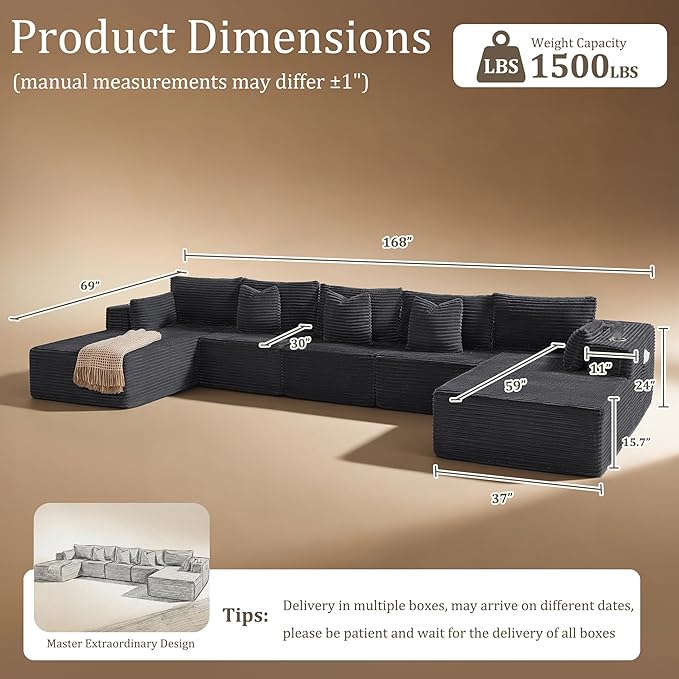 168" Cloud Sectional Couch, Comfort U Shaped Sofa