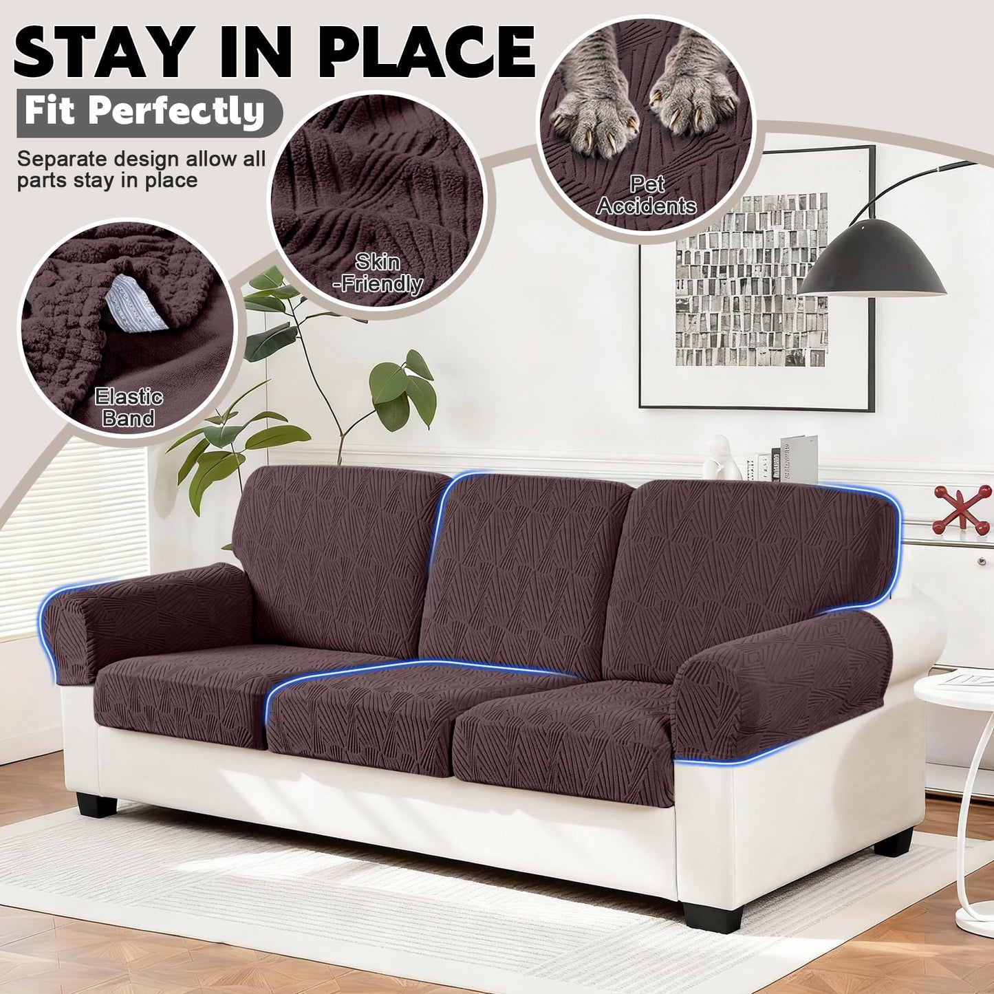 VANSOFY Couch Cushion Covers for Sectional Sofa, Stretch Jacquard Couch Seat Cushion Covers, Individual Washable Furniture Protector Sofa Slipcovers for Pet (3Pc Seater or Back Cover, Dark Coffee)