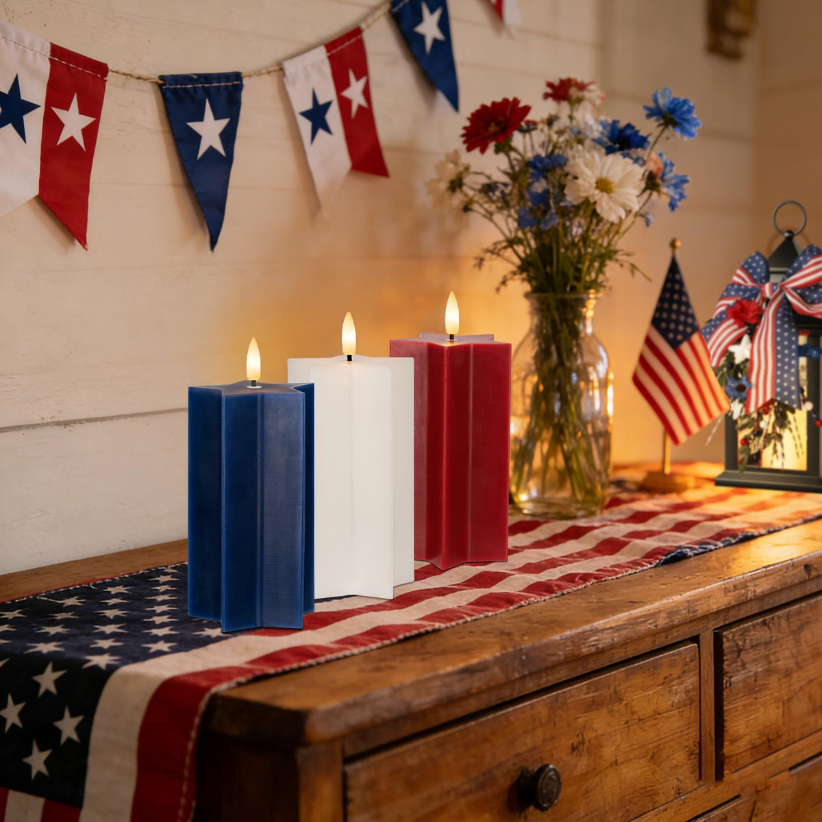 4th of July Flameless Candles with Remote, Red White and Blue Patriotic LED Candles, Battery Operated Star Shaped Decorative Candles for Independence Day Home Party Decor, Set of 3