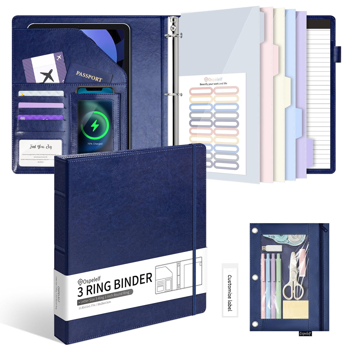 Ospelelf Leather 3 Ring Binder for Letter Size Documents with Durable Pocketed Dividers, Storage Bag & Notepad, 1 Inch Round Rings, Holds 175 Sheets, for Office School Home Organization, Deep Blue