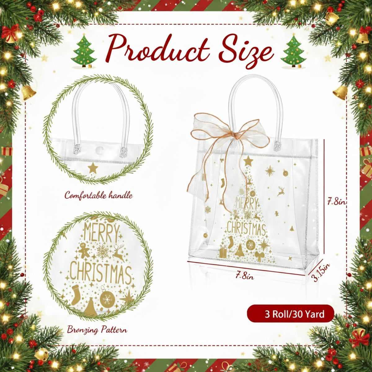 Henoyso 36 Pcs Gold Christmas Clear Gift Bags Plastic Goodie Candy Treat Bag with Handles PVC Gift Wrap Totes with Ribbon for Xmas Party Favors (7.8 x 7.8 x 3.1)