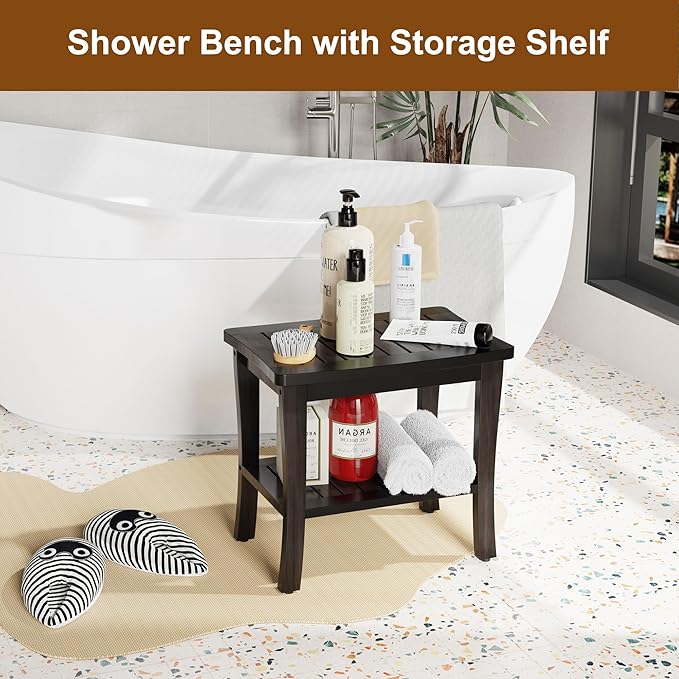 Extra Bamboo Black Shower Bench Stool Waterproof Shower Chair Spa Bath Seat