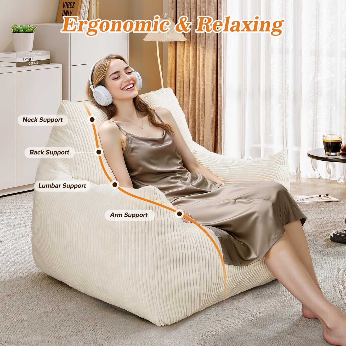 Vellorise Big Bean Bag Chair for Adults, Ultra Soft Living Room Bean Bag with Armrests, Stuffed BeanBag Chair for Napping, Gaming, Vacuum-Compressed for Easy Gifting, 48 Hours to Fluffs Up, Beige