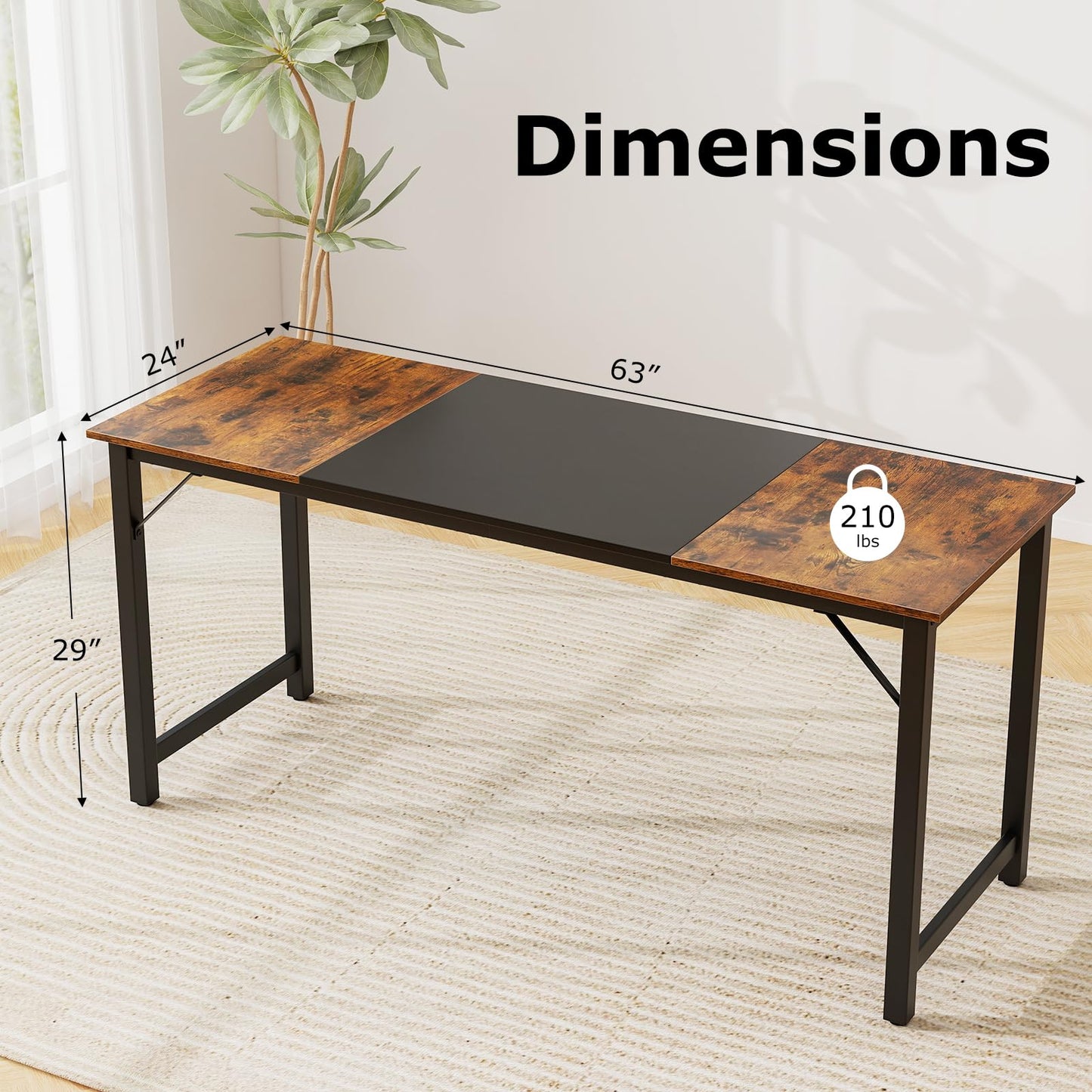 Tangkula 63 Inch Large Home Office Computer Desk, Study Writing Desk with Heavy Duty Metal Frame, Spacious Conference Desk, Industrial Computer Table Workstation