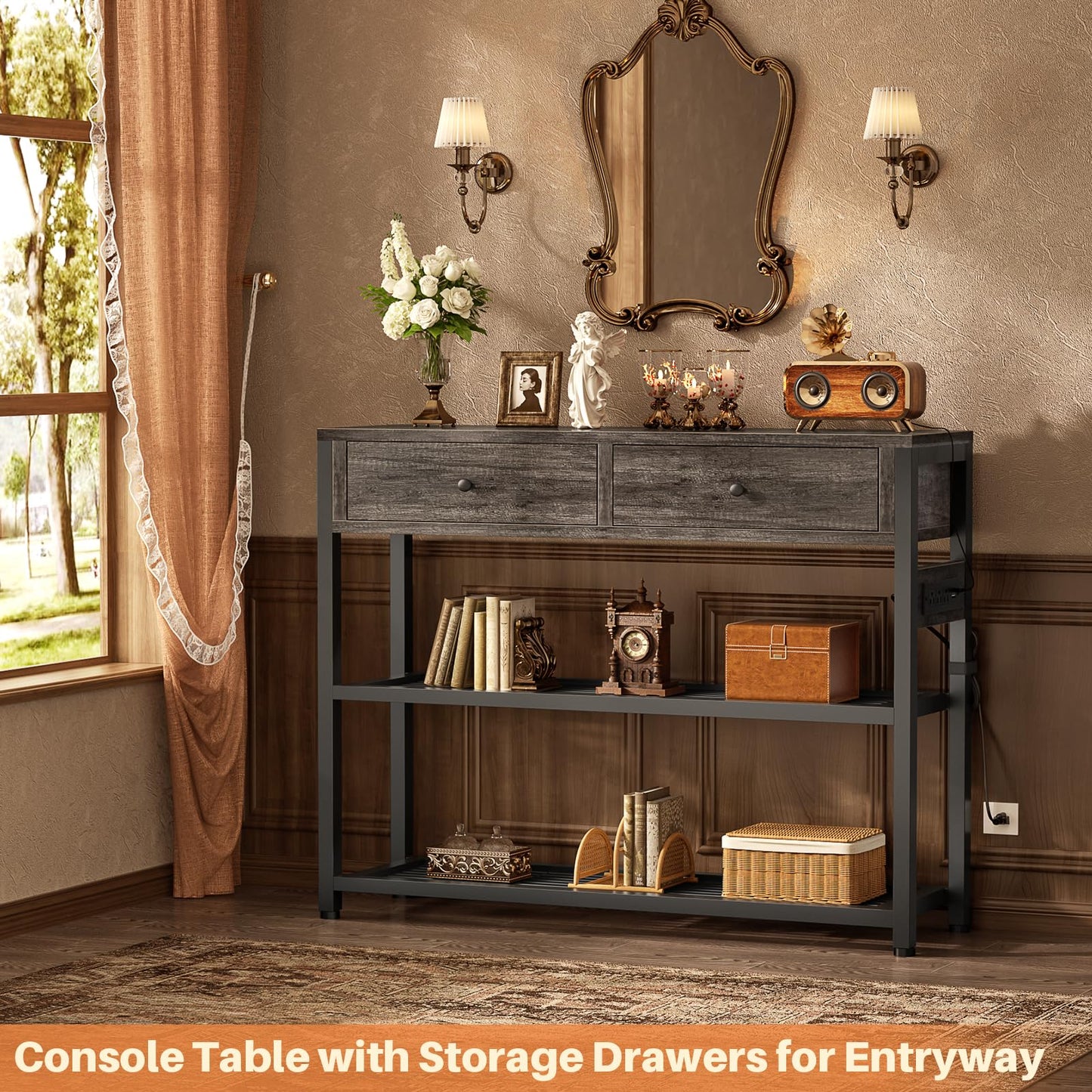 Ecoprsio Entryway Table with Outlets and USB Ports, Small Console Table with 2 Drawers, Sofa Table with Storage Shelves for Living Room, Couch, Hallway, Foyer, Kitchen Counter, 32'', Grey Oak