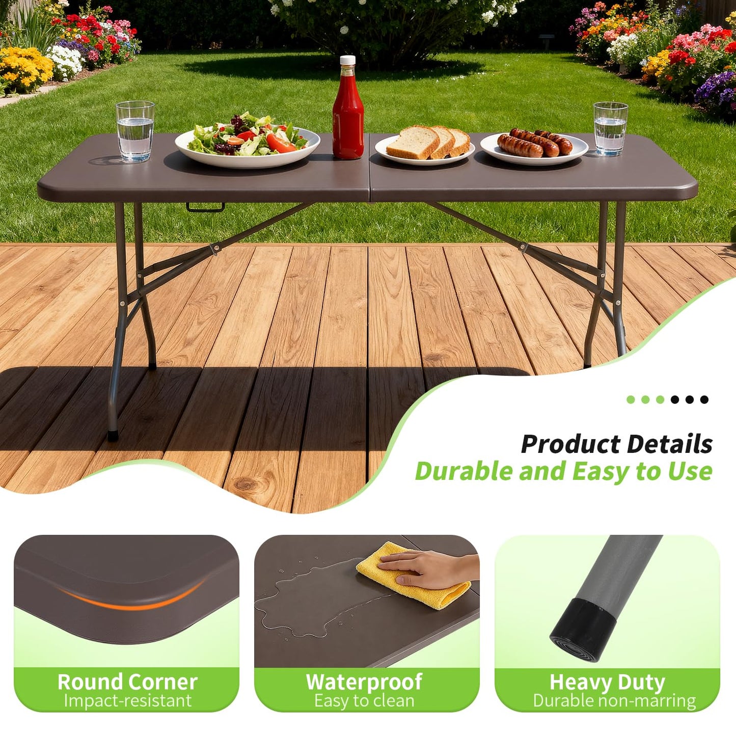 BestOffice 6 FT Picnic Table, Portable Plastic Folding Table with Carrying Handle Perfect for Picnics, Parties, Party and Camping, Brown