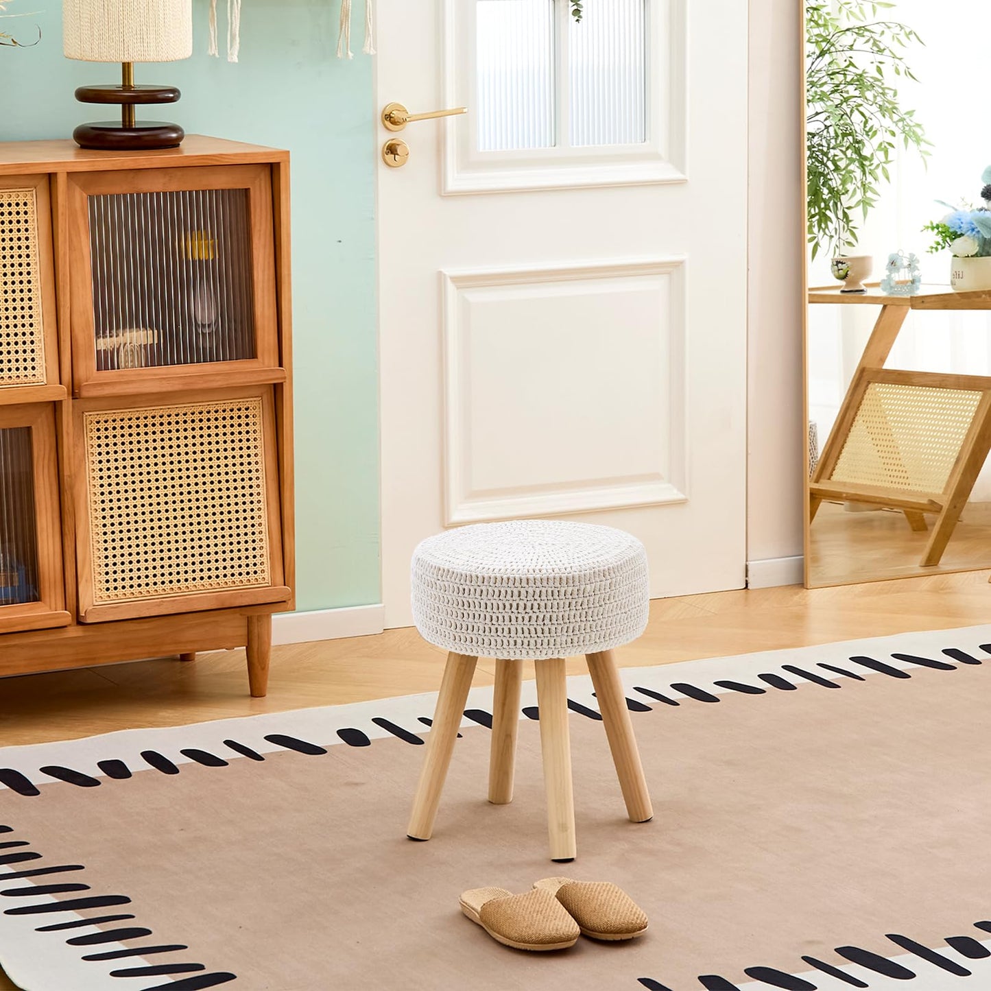 Wimarsbon Pouf Ottoman, 100% Cotton Knitted Boho Footstool, Round Footrest with Non-Skid Wood Legs, Home Décor Handmade Pouffe, Leisure Floor Step Stool for Living Room (Long Leg - Beige)