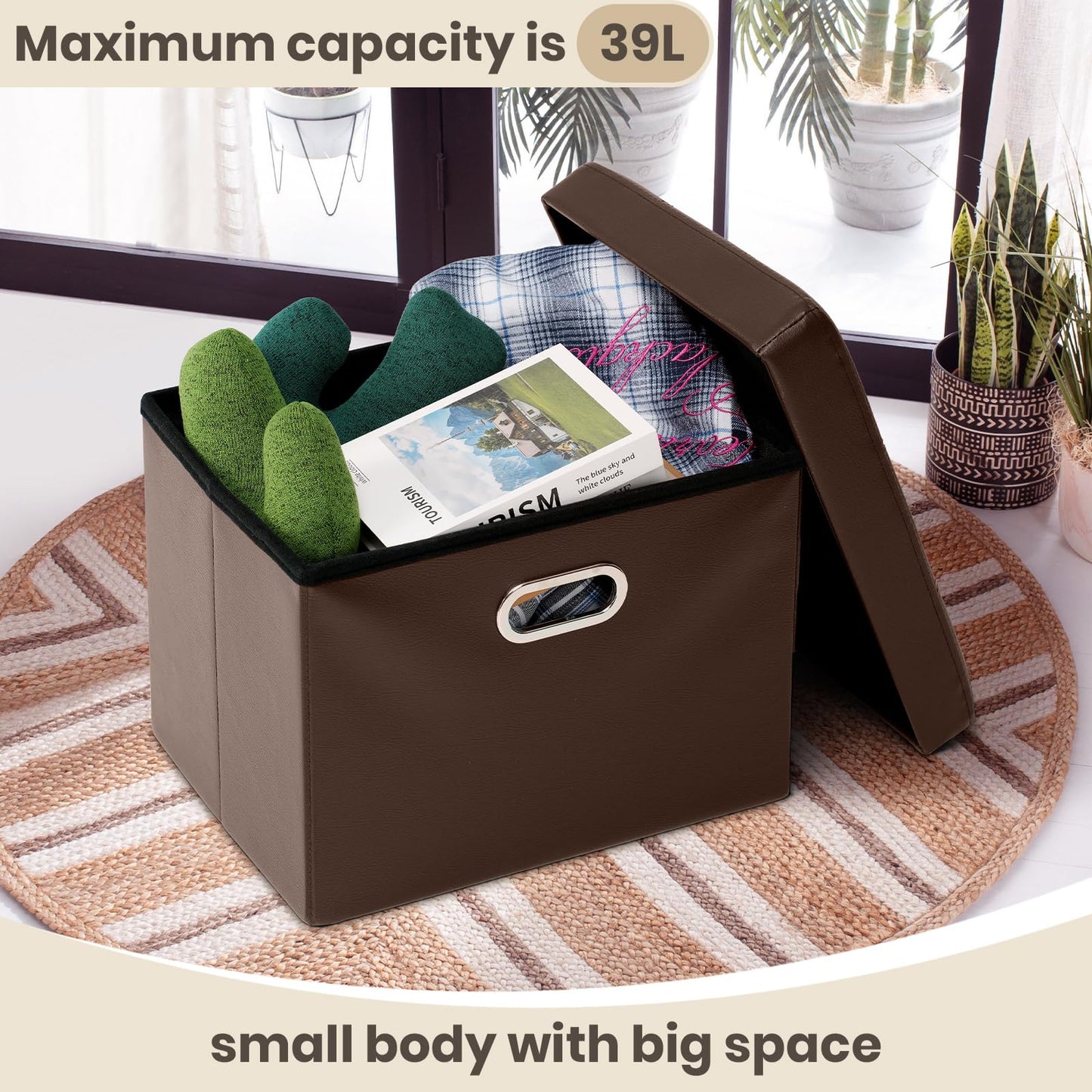 COSYLAND Ottoman with Storage Folding Leather Ottoman Footrest Foot Stool Brown Ottoman for Rooms Small Rectangle Collapsible Bench Furniture with Handles Lid 17x13x13in