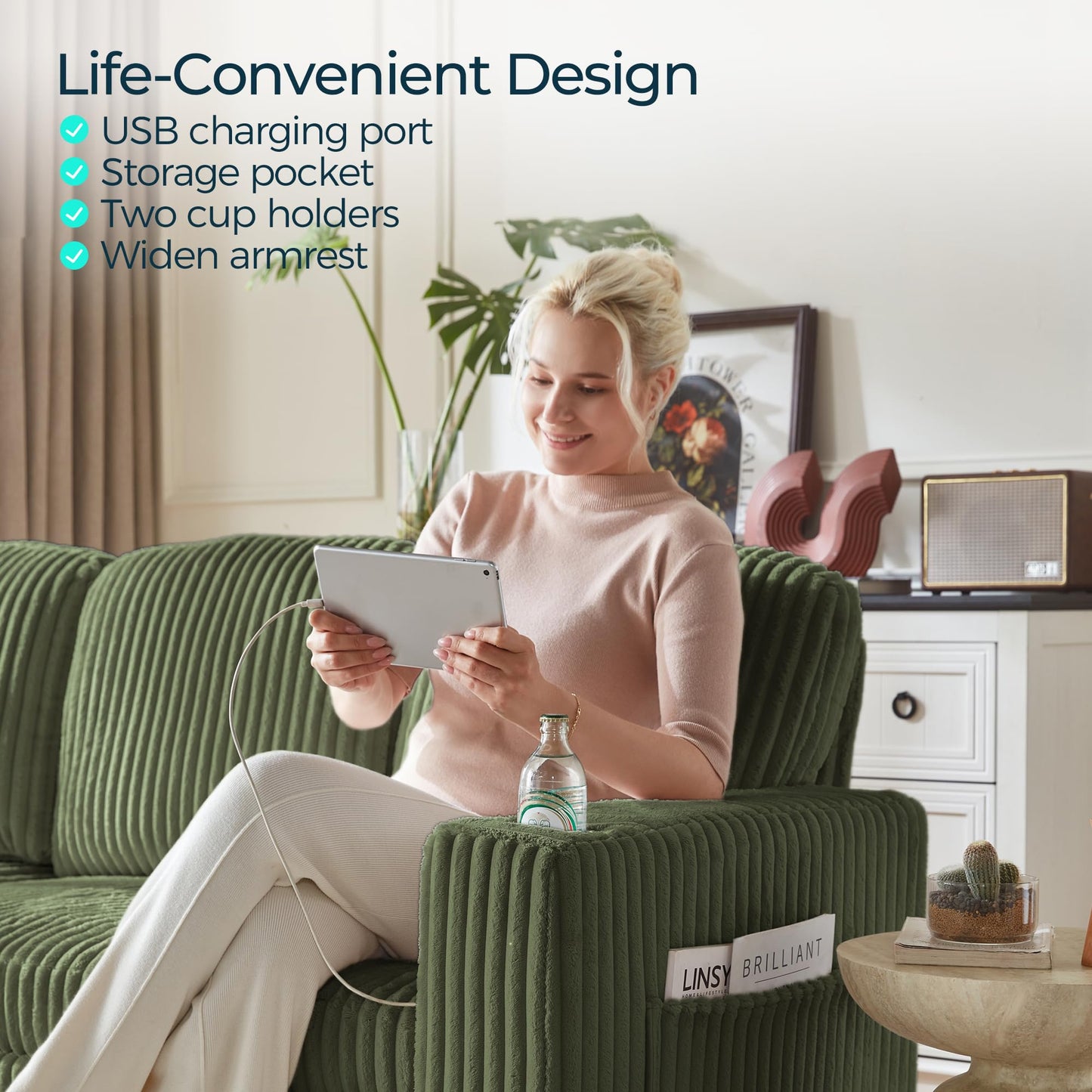 LINSY HOME Loveseat Sofa with Pull Out Couch Chaise: 2-in-1 Convertible 2 Seater Sofa with USB Charging & Cup Holders, Comfy Plush Corduroy Love Seat for Small Spaces Living Room Apartment, Green
