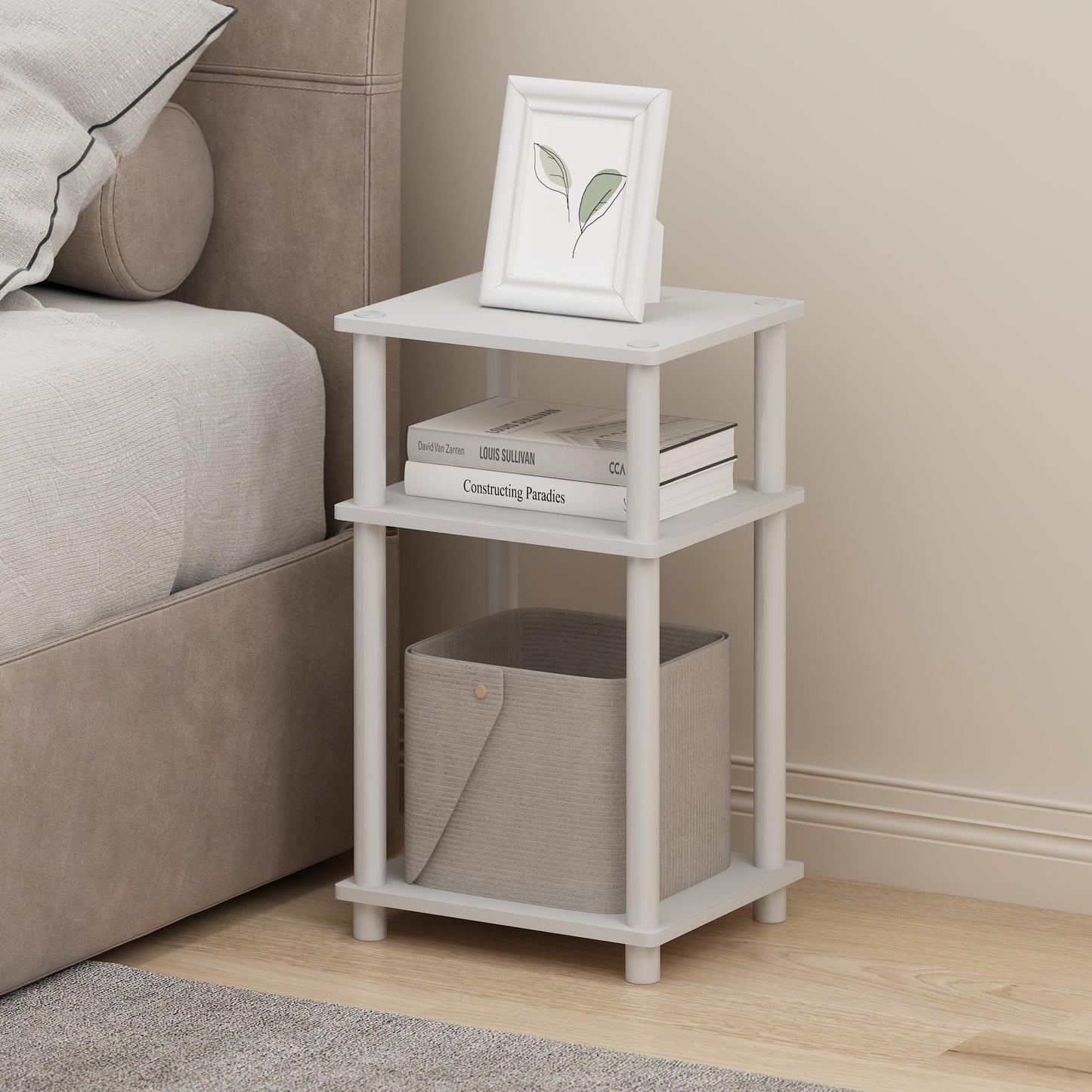 Furinno Just Turn-N-Tube Open Storage Nightstand, 1 Pack, 3-Tier, White/White