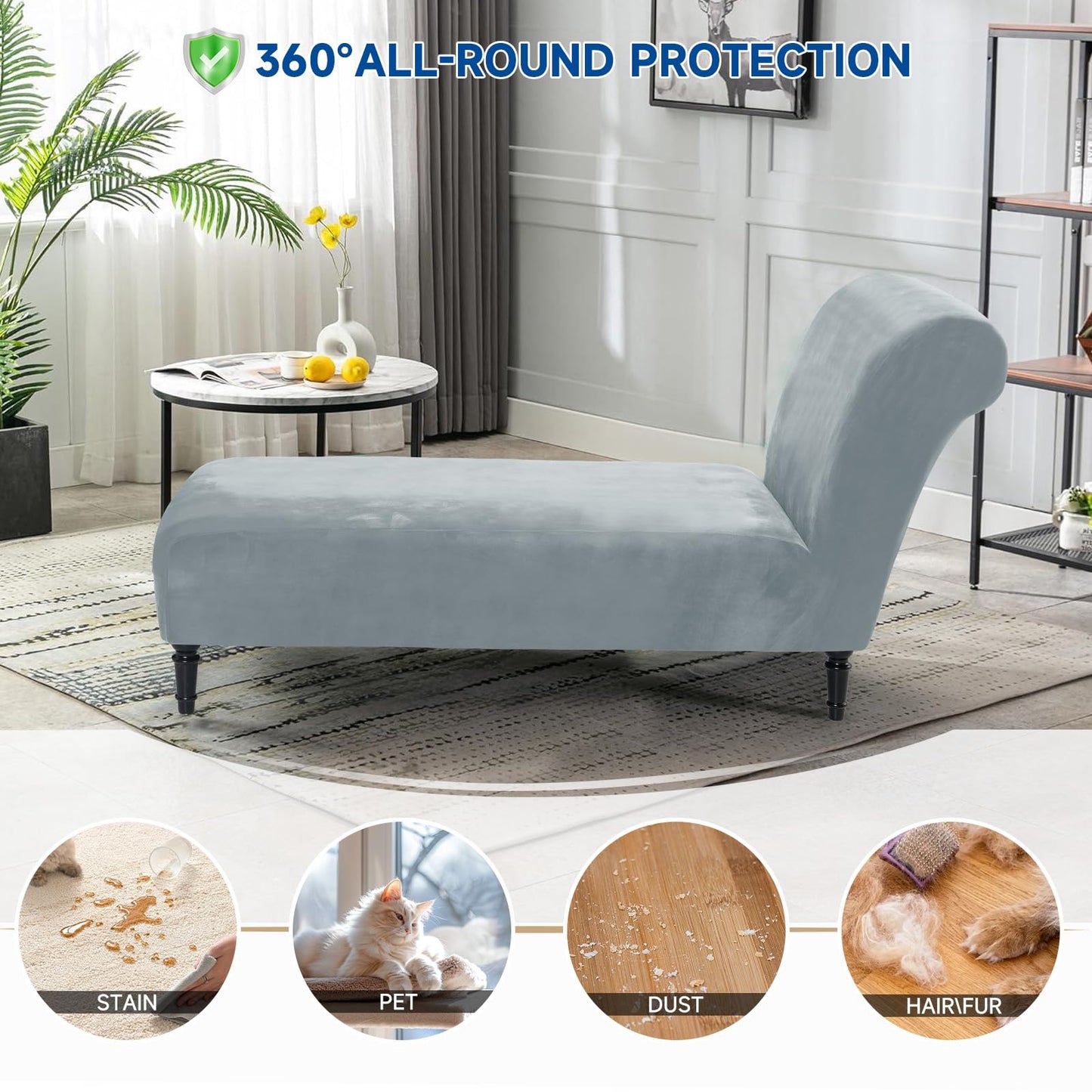 Velvet Chaise Lounge Cover Indoor Armless Chaise Slipcover Luxury High Stretch Ultra Soft Lounge Chair Covers Modern Machine Washable Chair Cover for Living Room Bedroom Furniture, Light Grey