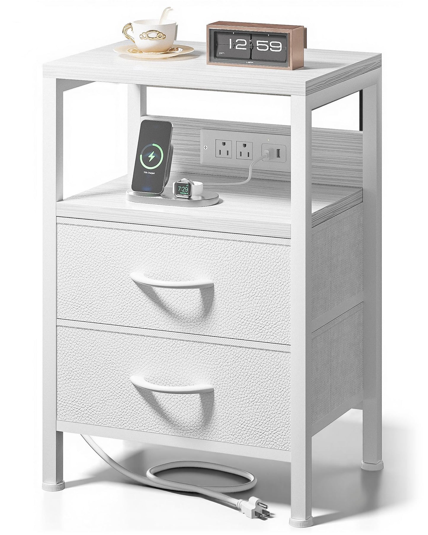 Lazzanto NightStand Bedside Charging Table Bedroom - Night Stand with Charger Station, White Modern Bed Side End Table with Open Shelf & 2 Fabric Drawers, USB-C Port & AC Outlets for Dorm, Living Room