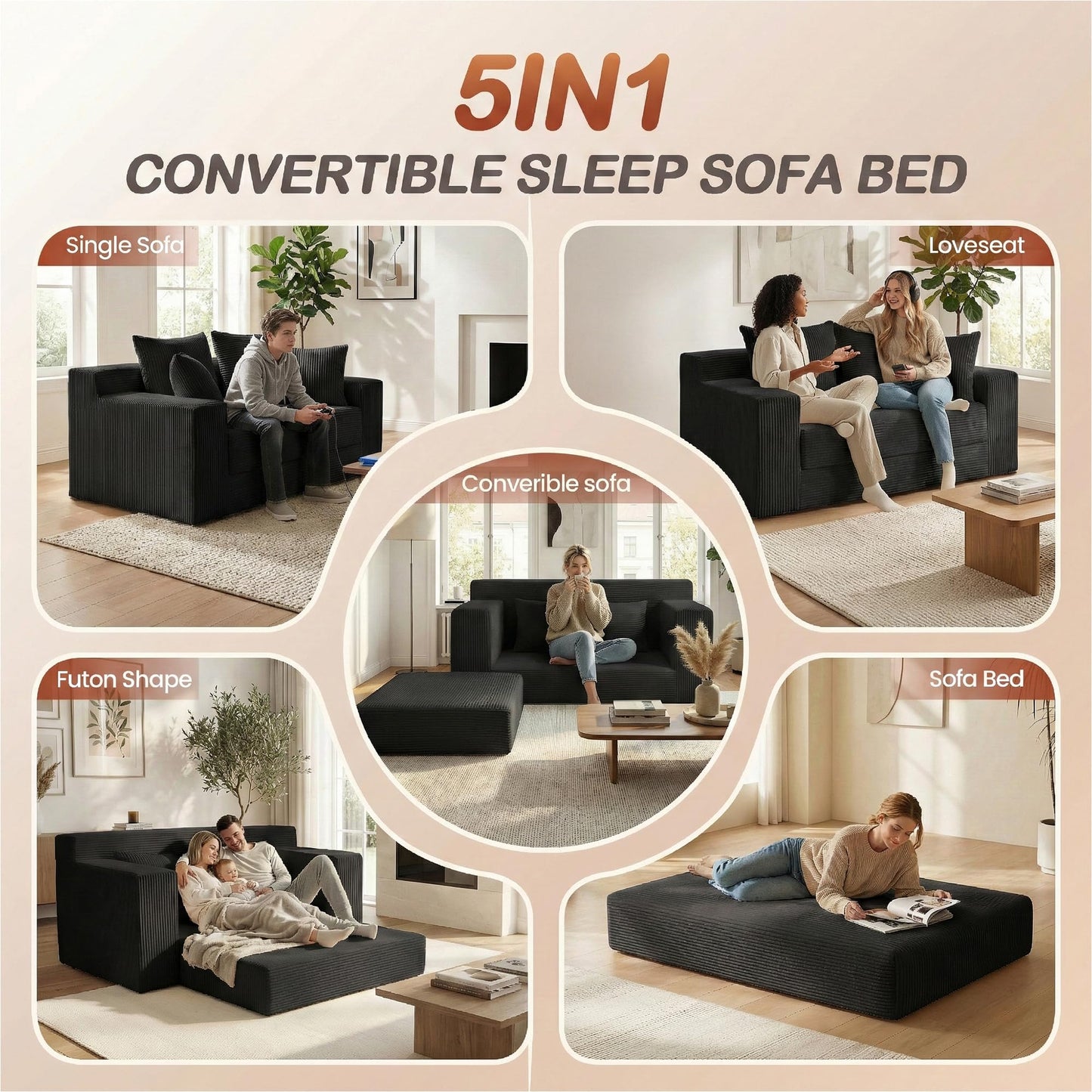 AOLVDOW Convertible Sofa Bed, 5 in 1 Small Boneless Couch Pull Out Loveseat Sleeper Sofa,Corduroy Futon Couch Folding Mattress with 4 Pillows for Living Room (Black, 56INCH)