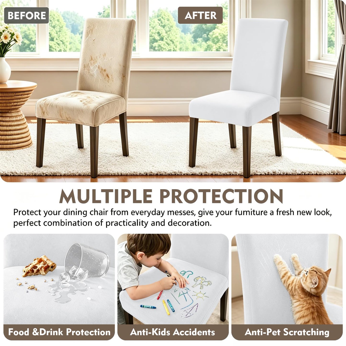 YEMYHOM Real Velvet Dining Chair Covers Set of 6, Stretch Parsons Chair Slipcovers, Super Soft Removable Washable Kitchen Chair Protector Cover for Dining Room, Restaurant, Banquet (White)