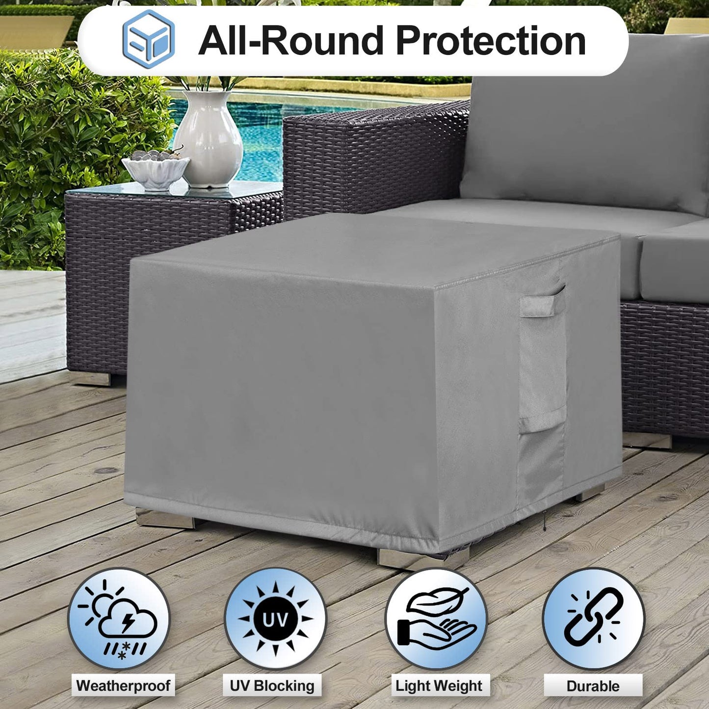 OutdoorLines Outdoor Waterproof Patio Ottoman Covers - Square UV-Proof Patio Side Table Cover Windproof Heavy-Duty Furniture Covering Protector 21L x 21W x 17H Inch, Grey
